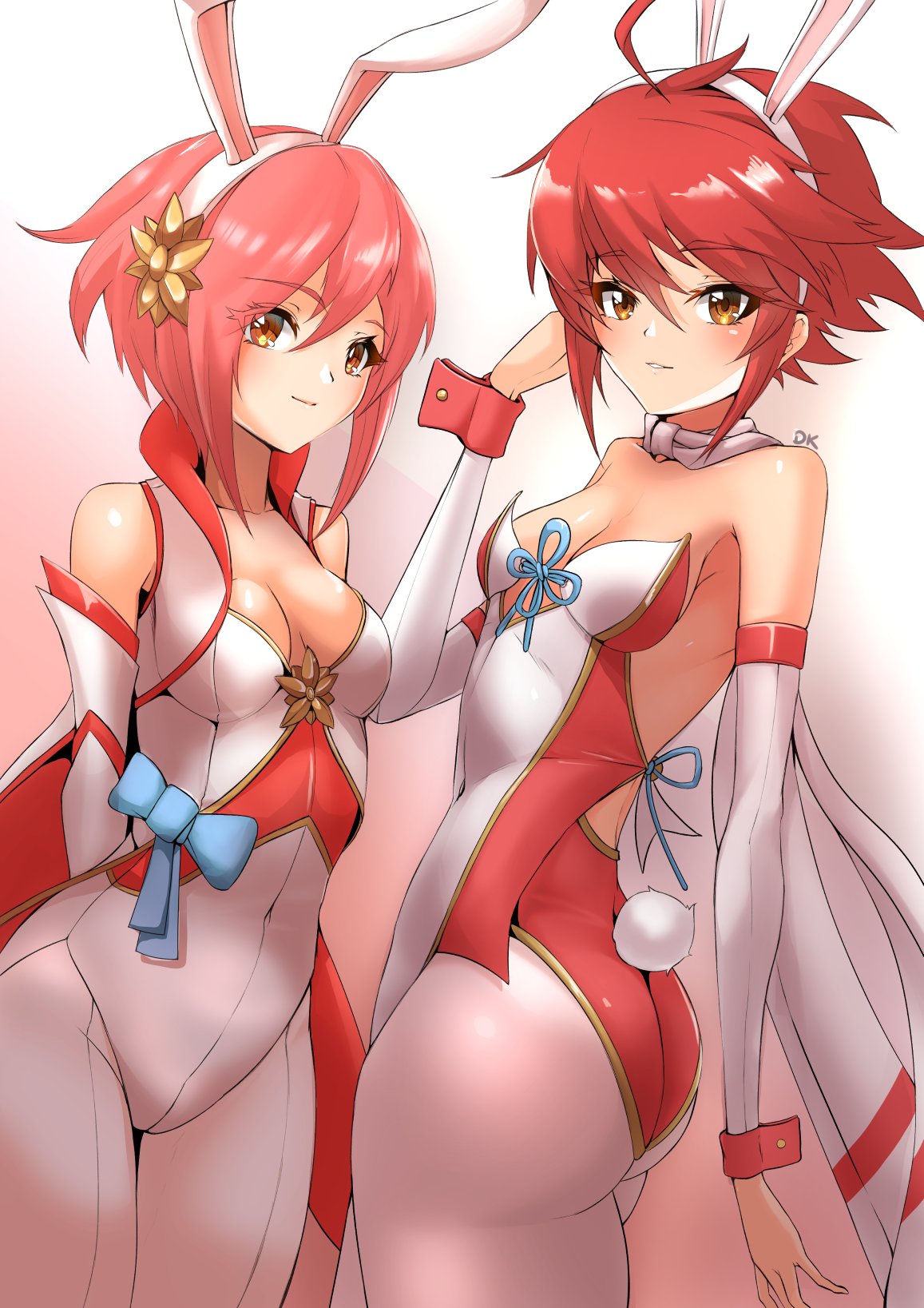 2girls alternate_costume animal_ears arms_behind_back artist_name ass bangs bare_shoulders blush breasts brown_hair bunny_ears bunny_girl bunnysuit cleavage collarbone commentary covered_navel deekei eyebrows_visible_through_hair fake_animal_ears fake_tail female female_only fire_emblem fire_emblem_fates fire_emblem_heroes gradient gradient_background highleg highleg_leotard highres hinoka_(fire_emblem) leotard long_hair looking_at_viewer medium_breasts multiple_girls nintendo pantyhose parted_lips pink_hair rabbit_ears rabbit_tail red_eyes red_hair sakura_(fire_emblem) scarf shiny shiny_hair short_hair short_red_hair siblings signature simple_background sisters sleeveless small_breasts tail white_legwear