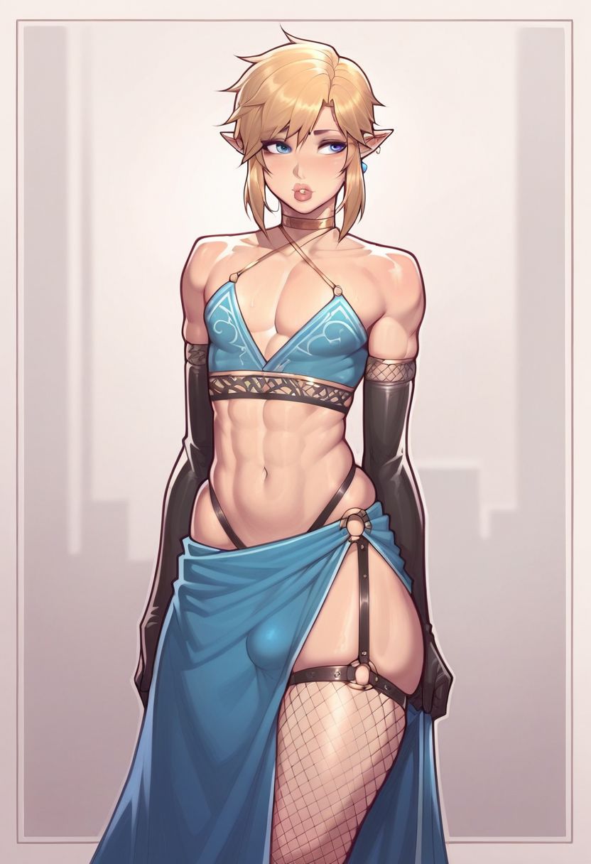 1boy, ai generated, bulge through clothing, cerberuspup77926, crossdressing, elbow gloves, femboy, feminine male, fishnet stockings, gloves, latex, latex gloves, link, lipstick, looking away, male, male only, male/male, seductive mouth, sissy, small bulge, solo, the legend of zelda