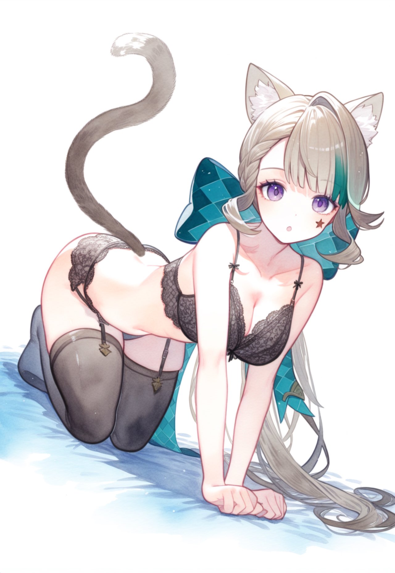 1girls, ai generated, ass, ass out, bending forward, bending over, bent over, big ass, big breasts, blonde hair, blush, bob cut, breasts, face tattoo, female, female only, furry ears, furry tail, garter belt, garter straps, genshin impact, hoyoverse, leaning forward, lingerie, lynette (genshin impact), panties, purple eyes, setsuaiart, slim waist, stockings, teenager, thick thighs, thigh highs, thighhighs, wide hips