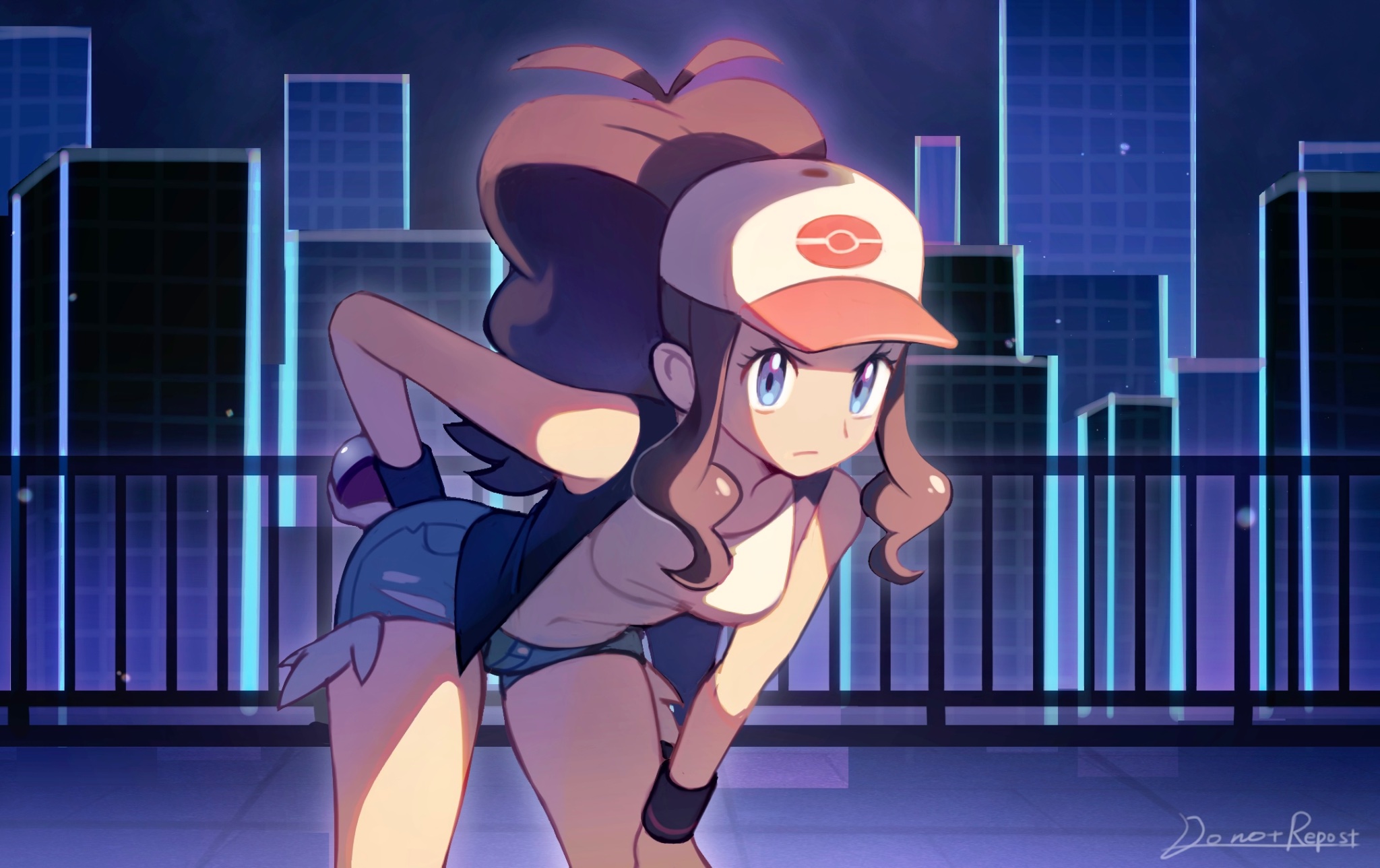 :/, 1girls, antenna hair, bare arms, bare shoulders, baseball cap, black vest, blue eyes, boots, breasts, brown hair, city, covered navel, creatures (company), crop top, denim, denim shorts, feet out of frame, female, female only, game freak, hand on own knee, hat, head tilt, highres, hilda (pokemon), holding, holding poke ball, long hair, looking at viewer, medium breasts, midriff, nintendo, poke ball, pokemon, pokemon bw, ponytail, shirt, short shorts, shorts, sidelocks, simple background, sleeveless, sleeveless shirt, solo, solo female, standing, thighs, tolitoma, very long hair, vest, white shirt, wide hips