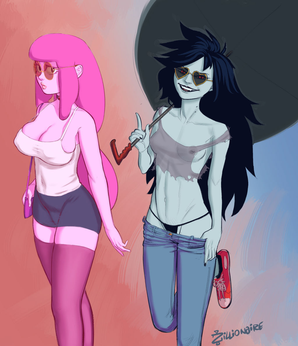 2girls, adventure time, black hair, black panties, choker, eyelashes, female, grey skin, heart-shaped eyewear, jeans, long hair, marceline, multiple females, multiple girls, pink hair, pink skin, princess bubblegum, purse, red eyes, see-through, skirt, sneakers, sunglasses, thighhighs, thong, umbrella, vampire, vampire girl, zillionaire