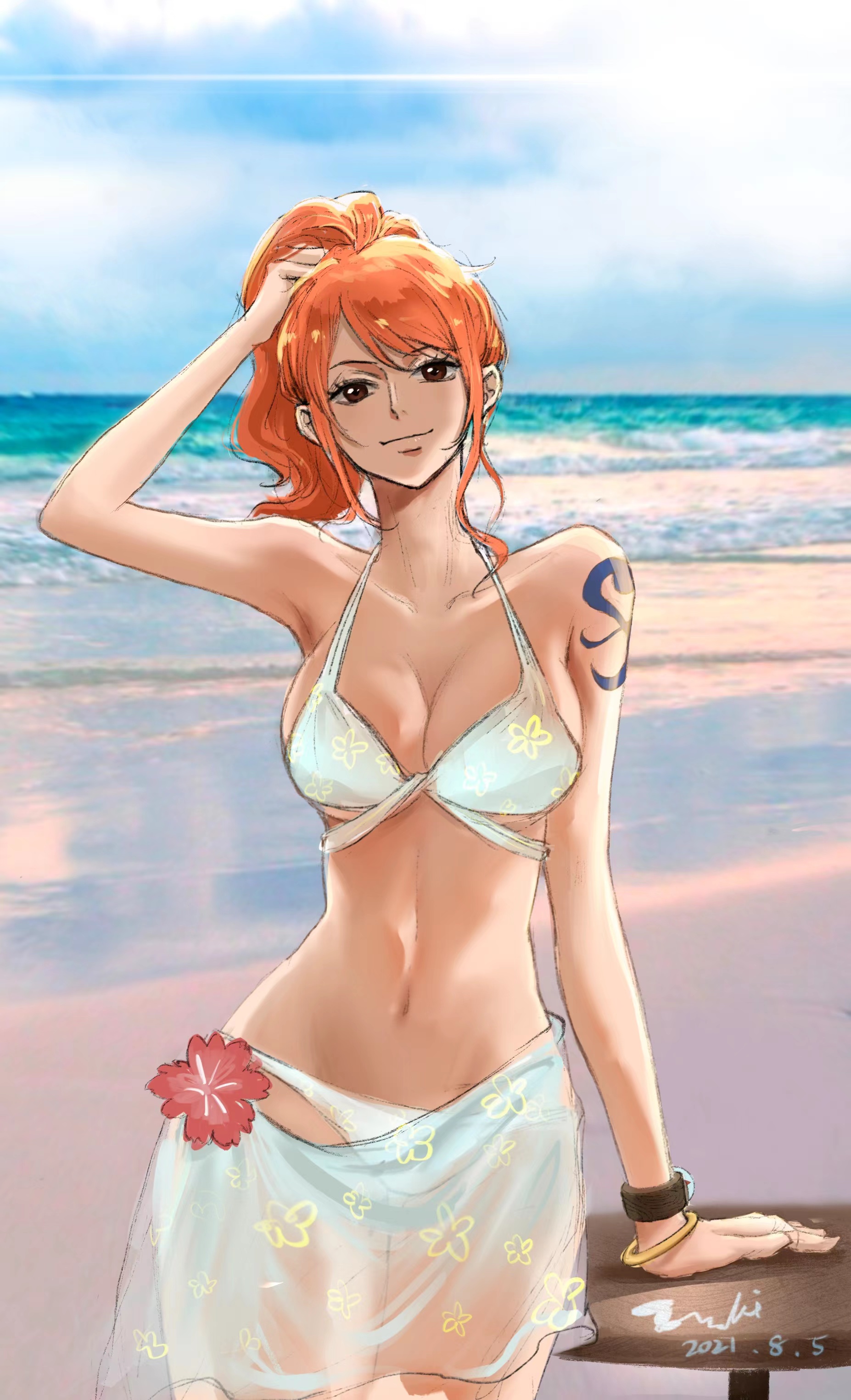 1girls, arm tattoo, beach, big breasts, bikini, bikini bottom, blue tattoo, bracelet, breasts, brown eyes, cleavage, clouds, curvy, female, female only, flower, hand in hair, leaning on object, log pose, long hair, nami (one piece), one piece, orange hair, orange-haired female, outdoors, outside, ponytail, posing, runaki, sarong, sea, see-through, see-through clothing, shoulder tattoo, sky, slim, slim waist, solo, table, tattoo, thick thighs