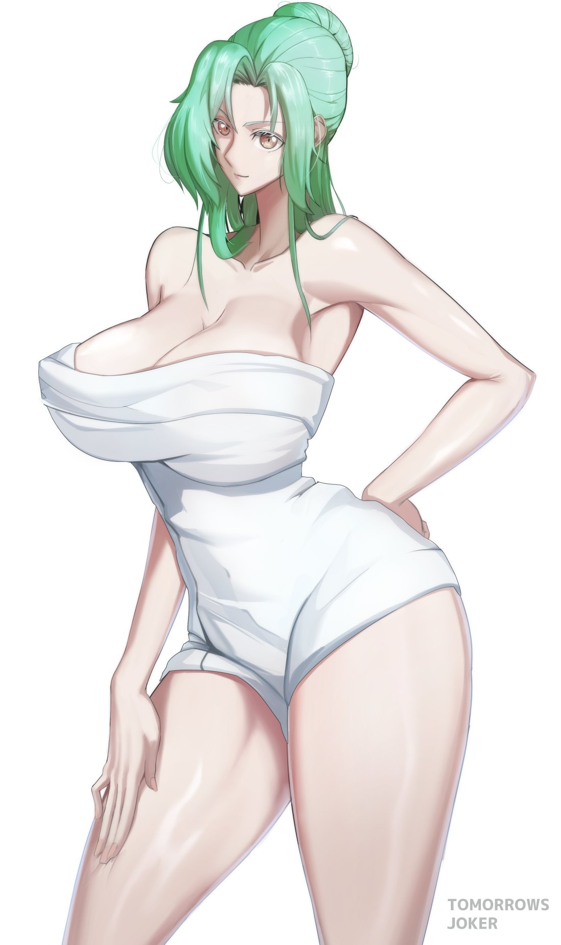 1girls alternate_breast_size armpits bare_arms bare_shoulders bare_thighs big_breasts breasts cleavage elincia_ridell_crimea female female_only fire_emblem fire_emblem:_path_of_radiance fire_emblem:_radiant_dawn green_hair hand_on_own_thigh large_breasts long_hair mature mature_female naked_towel nintendo orange_eyes shoulders smile solo thighs tomorrowsjoker towel white_background