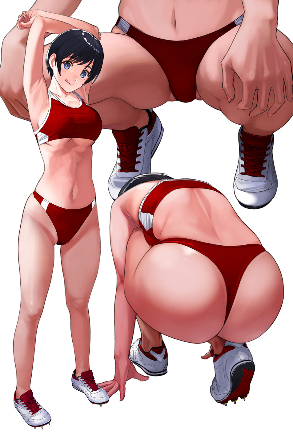 1girls ass bangs big_ass big_breasts big_butt black_hair blue_eyes butt crouching dat_ass fat_ass female female_only fit fit_female large_ass large_breasts legs mibu_natsuki mole mole_under_eye navel original original_character short_hair sneakers solo solo_female sports_bikini sports_bra sportswear squatting stretching thick thick_ass thighs voluptuous white_background