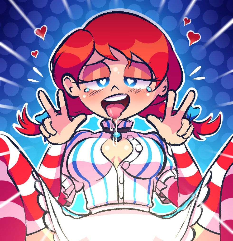 1girls, 2d, 5 fingers, absurd res, ahe gao, apron, armwear, big breasts, blue background, blue eyes, blush lines, blushing, bodily fluids, bottomwear, breasts, clothed, clothed female, clothing, covered pussy, curvaceous, curvy, curvy female, curvy figure, digital drawing (artwork), digital media (artwork), donut bonut, double peace sign, double v, drool, drooling, eyebrows, eyelashes, eyeshadow, fast food, female, female only, ginger, glistening, glistening body, half-closed eyes, heart, heart-shaped pupils, hearts, hearts around head, hi res, hips, implied sex, legs apart, legs spread, legwear, light skin, light-skinned female, narrowed eyes, no bra, no panties, no underwear, open mouth, open shirt, orgasm, orgasm face, pale skin, pale-skinned female, partially clothed, peace sign, pussy, red hair, saliva, saliva drip, saliva on tongue, shiny skin, slim waist, smooth skin, solo, spread legs, stockings, striped armwear, striped legwear, tears, tears of pleasure, teeth, teeth showing, thick thighs, thighhighs, thighs, tied hair, tongue, tongue out, topwear, twintails, v, wendy thomas, wendy's, wide hips, youngblush
