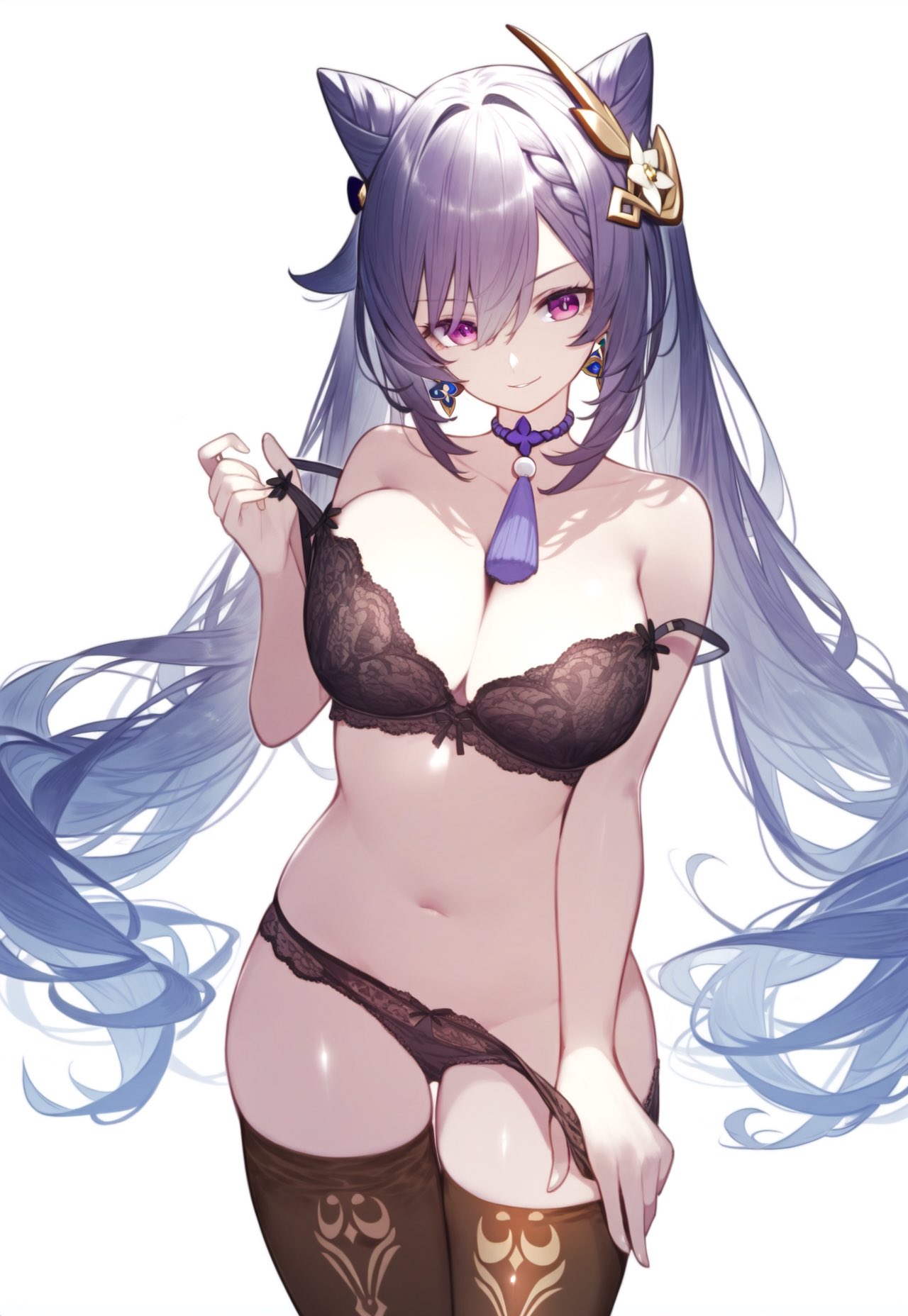 1girls, ai generated, belly button, big breasts, bra, bra removed, breasts, collar, earrings, female, female only, genshin impact, hoyoverse, keqing (genshin impact), lingerie, lingerie only, long hair, panties down, panty pull, purple eyes, setsuaiart, silver hair, slim waist, teenager, thick thighs, tied hair, wide hips, young
