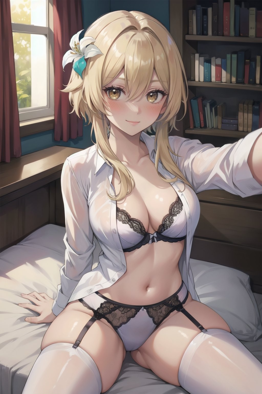 1girls ai_generated big_breasts blonde_hair bra brown_hair cleavage flower_in_hair front_view garter_belt genshin_impact hair_ornament hoyoverse kneeling lingerie lingerie_only long_sleeves looking_at_viewer lumine_(genshin_impact) medium_breasts navel open_clothing open_jacket panties selfie selfie_pose setsuaiart setsumanga sitting slim_waist spread_legs stockings teenager thick_thighs underwear wide_hips