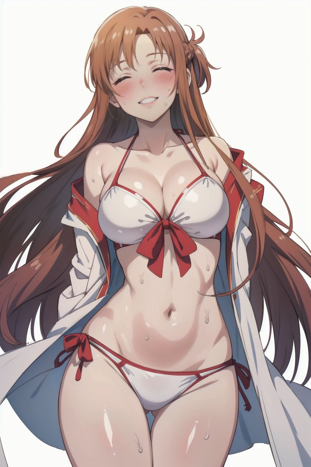 1girls ai_generated arms_behind_back arms_up belly_button bikini blush brown_hair eyes_closed female_focus female_only hi_res lingerie long_hair medium_breasts open_clothes seductive_look setsuaiart setsumanga slim_waist smile smiling smiling_at_viewer sword_art_online underwear wet_body wet_skin wide_hips yuuki_asuna