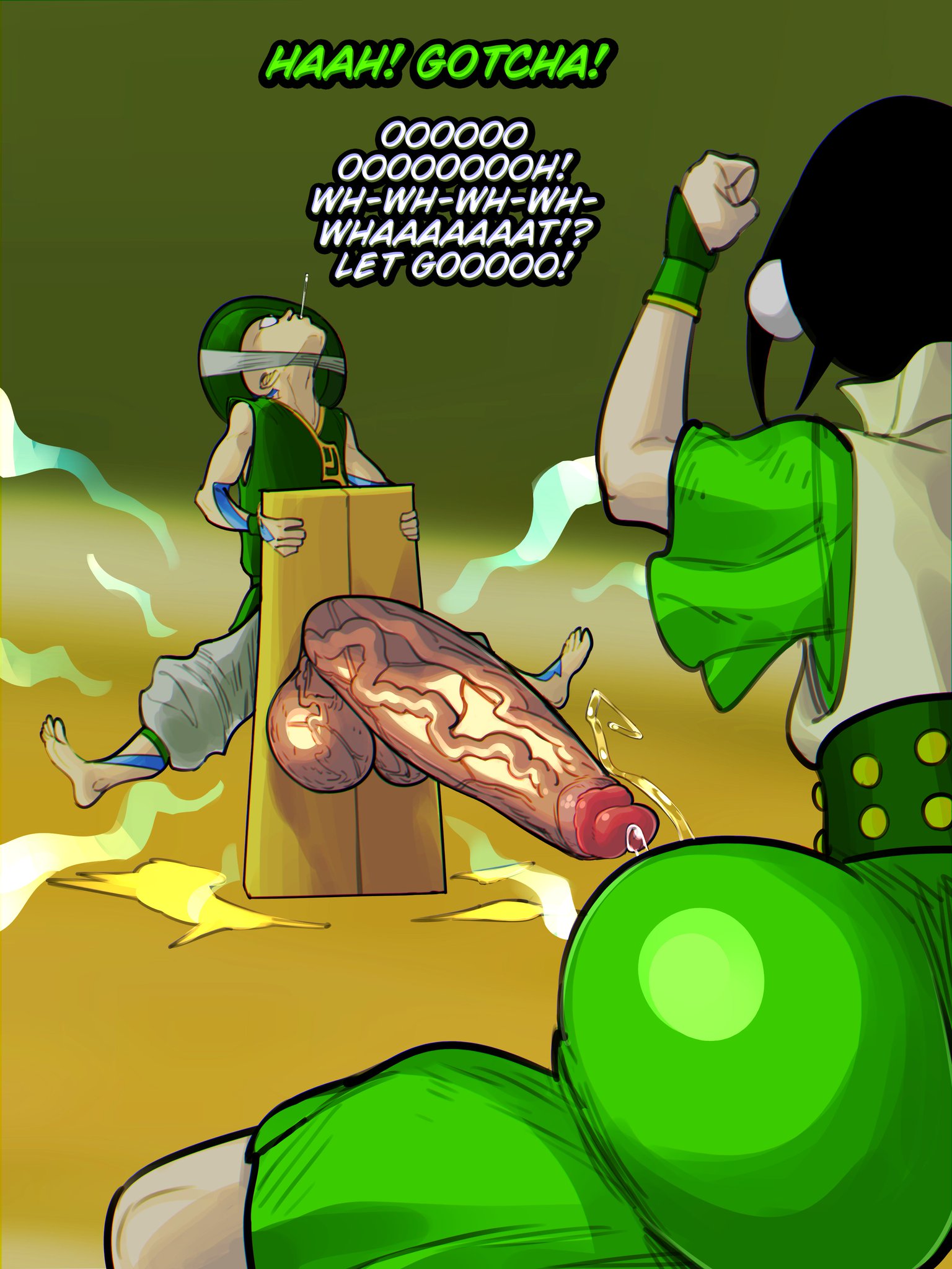 1boy, 1girls, aang, air nomad, airbender tattoo, ass, avatar legends, avatar the last airbender, breasts, croquant, earth kingdom, english text, female, male, nude, outside, penis, pussy, text, the avatar, toph bei fong