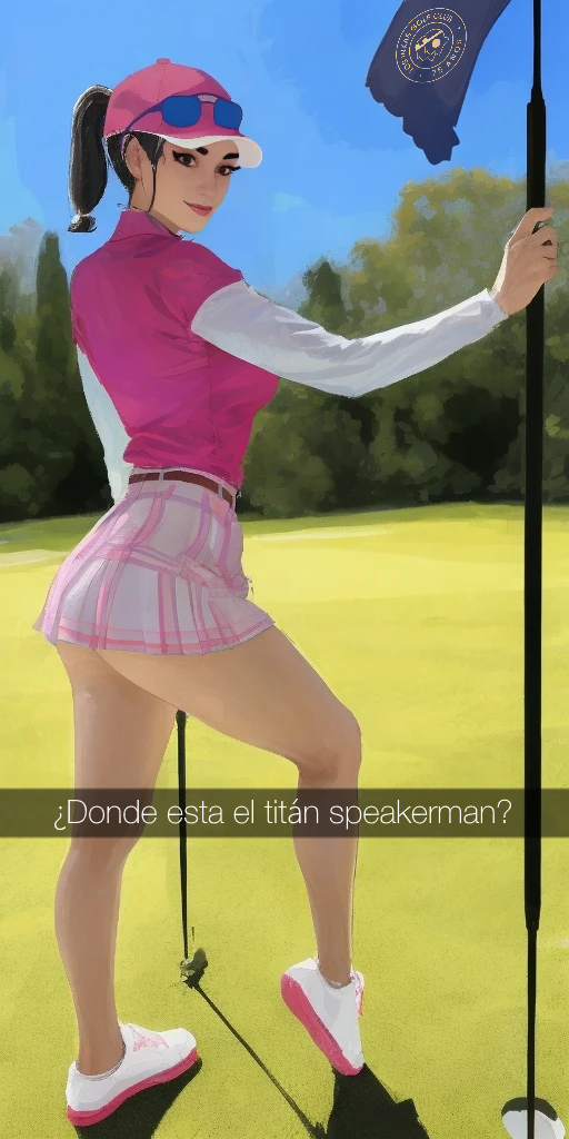 1girls 2d asian asian_female ass bare_legs birdie_(fortnite) black_hair blue_sky cap caption closed_mouth clothed dat_ass day eyeliner eyewear_on_head female fit fit_female fortnite full_body golf_club hat legs light-skinned_female light_skin lips long_sleeves makeup outdoors pink_clothing pink_shirt rich_girl shoes short_ponytail skirt sky smiling snapchat sneakers solo spanish_text standing sunglasses sunglasses_on_head thighs tied_hair titan_speakerman_(skibidi_toilet) white_sleeves