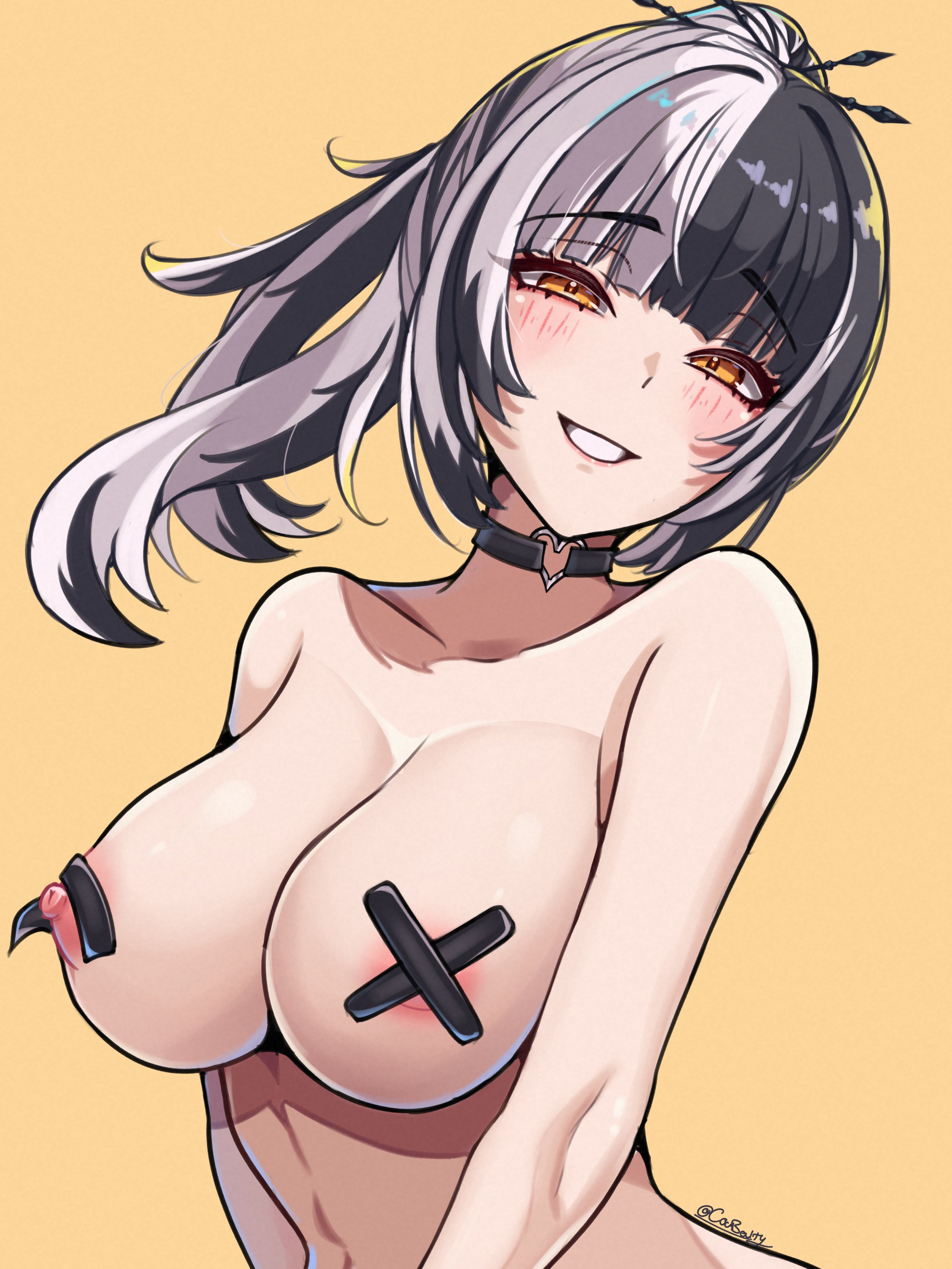 1girls, alternate version available, big breasts, black hair, breasts, choker, coubalty, female, female only, hololive, hololive english, hololive english -advent-, large breasts, light skin, light-skinned female, nipple slip, nipple tape, shiori novella, solo, virtual youtuber, white hair, yellow eyes