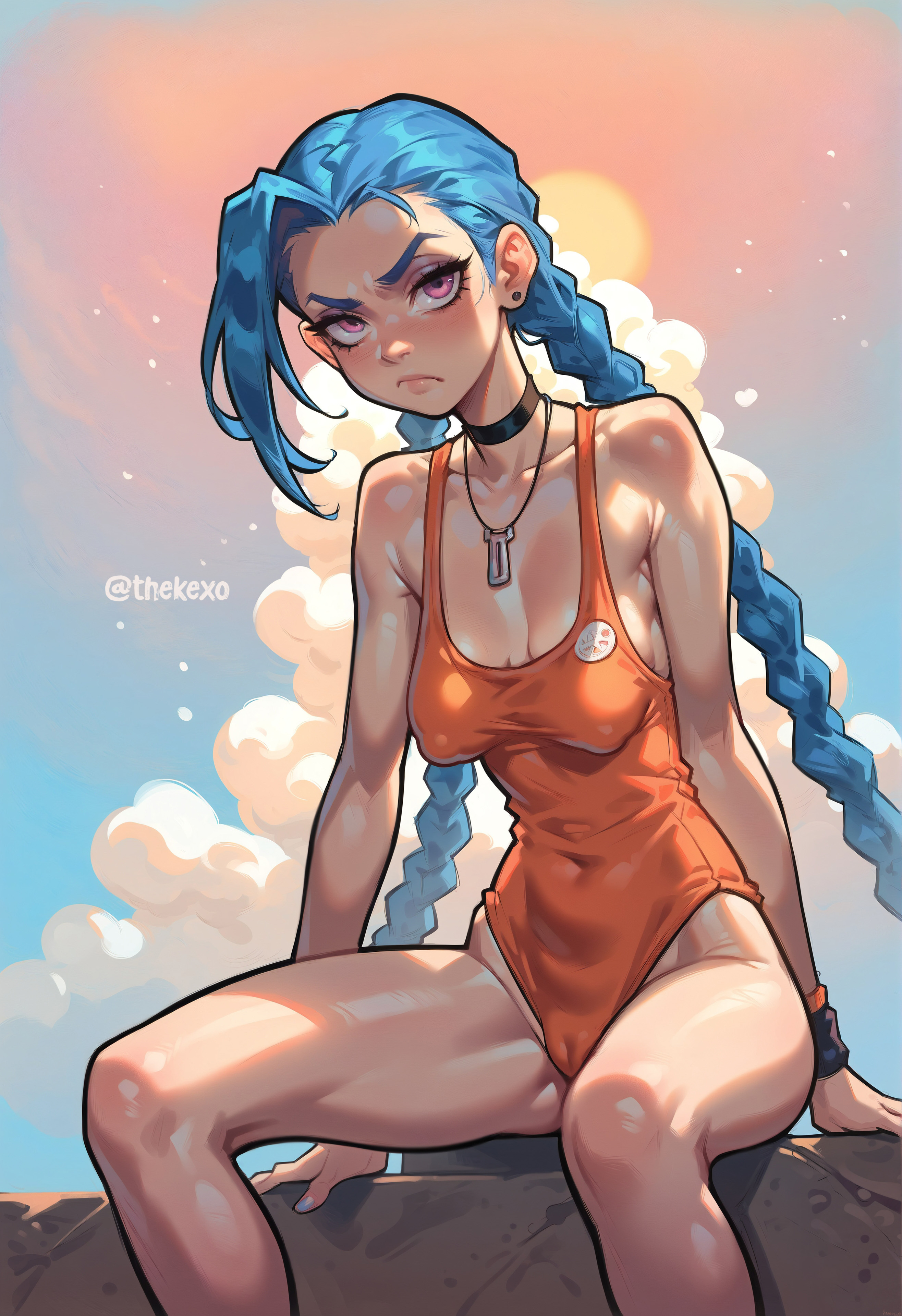 ai generated, blue hair, breasts, cameltoe, cleavage, female, frown, hanging breasts, jinx (league of legends), league of legends, leotard, long hair, nipples visible through clothing, one-piece swimsuit, petite, pussy, riot games, sagging breasts, sitting, skinny, slim, solo, swimsuit, thekexo, twin braids, unamused