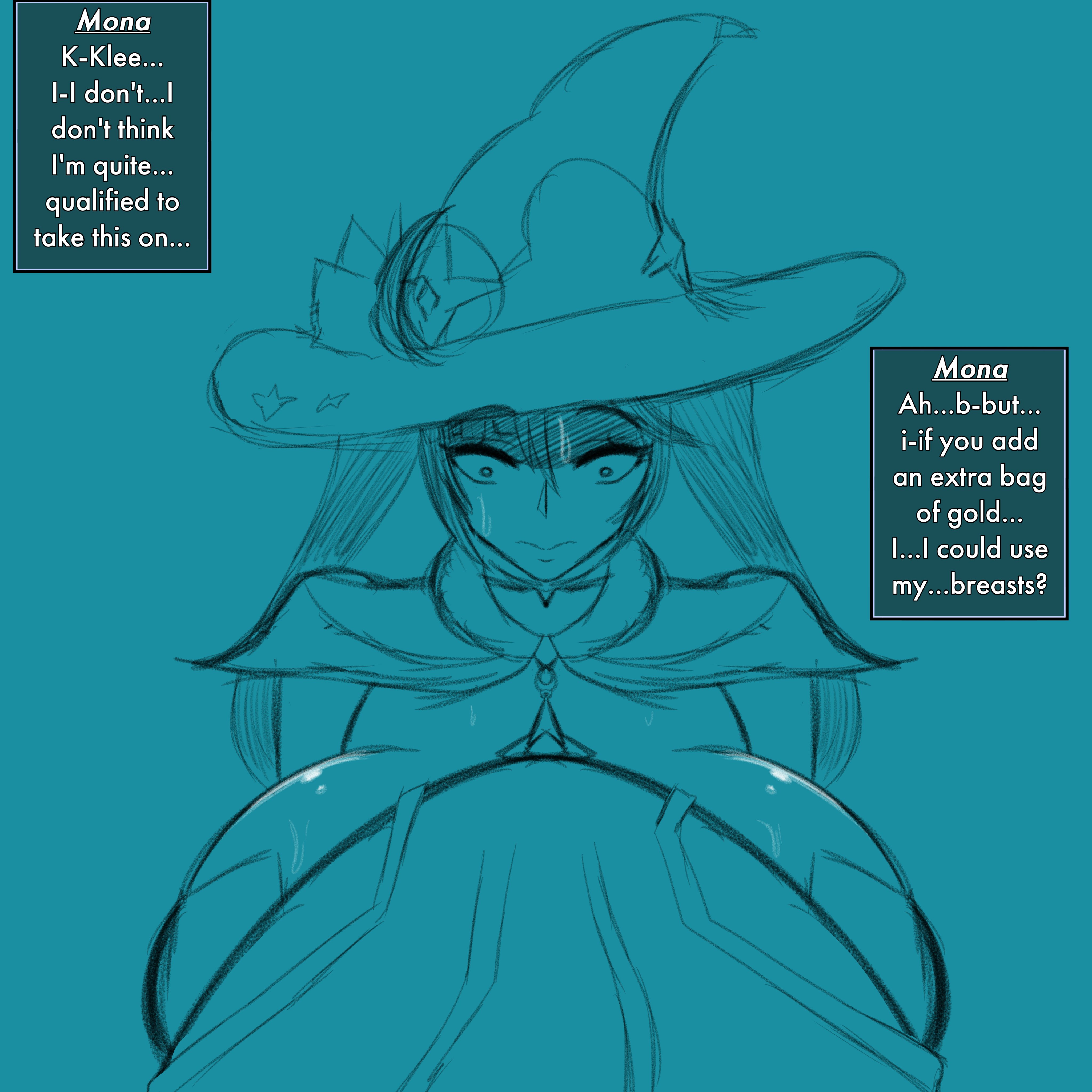 1futa, 1girls, breasts, dialogue, english text, female, female focus, futa on female, futa pov, futanari, genshin impact, huge breasts, human, hyper, hyper penis, imminent sex, intersex, klee (genshin impact), marianatrencher, mona (genshin impact), monochrome, offscreen character, penis, penis awe, pov, solo focus, text