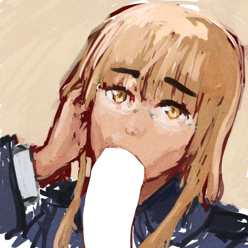 1boy blonde_hair fellatio female glasses long_hair looking_at_viewer lowres military_uniform oral penis perrine_h_clostermann shiri_chin simple_background straight strike_witches uniform upper_body world_witches_series yellow_background yellow_eyes