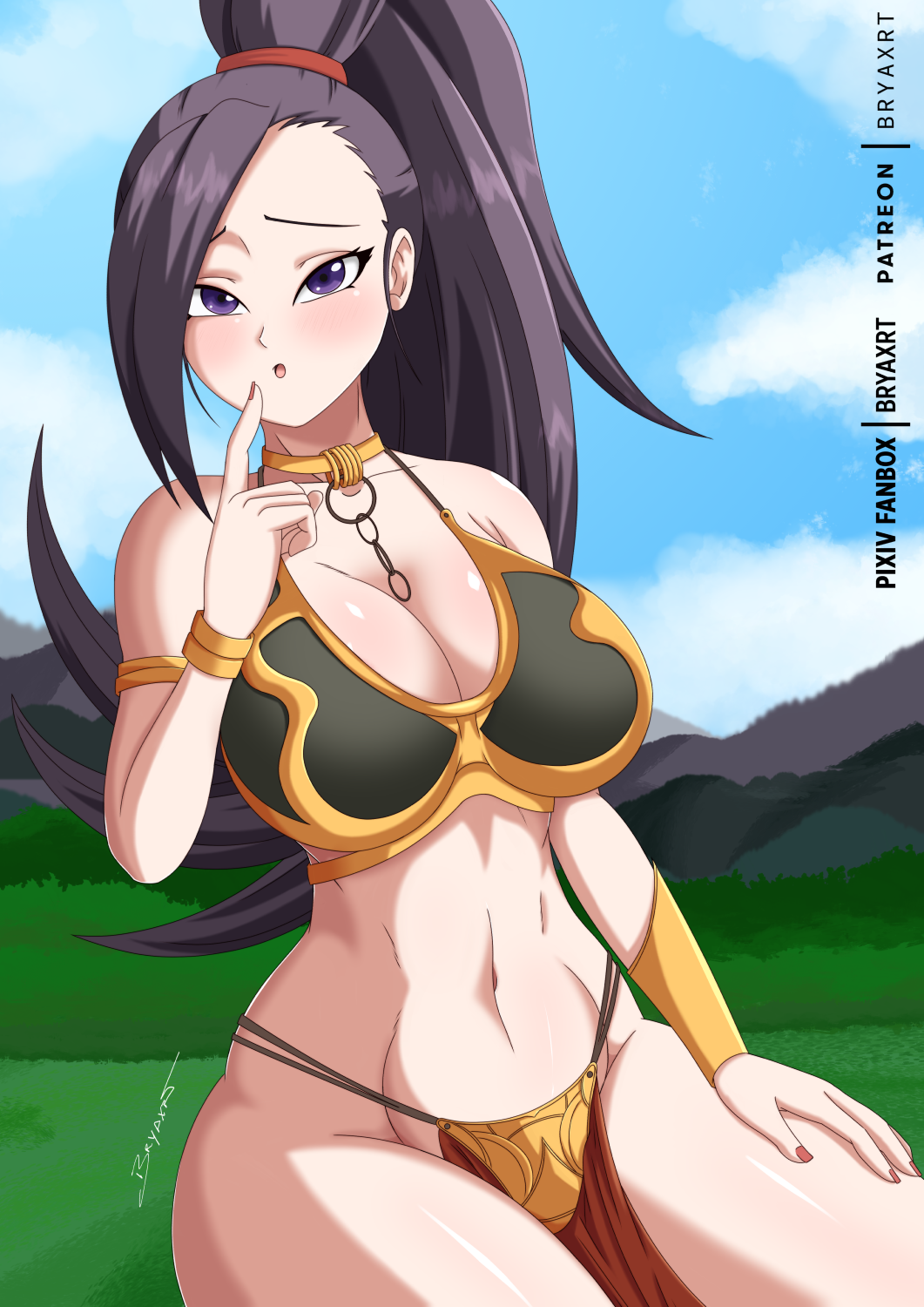 belly_dancer belly_dancer_outfit black_hair bracelet bryaxrt cleavage clothing collar dancer dancer_outfit dragon_quest dragon_quest_xi female female_only fit_female harem_girl harem_outfit huge_breasts jade_(dq11) large_breasts loincloth long_hair looking_at_viewer metal_collar ponytail purple_eyes revealing_clothes slave slave_bikini slave_collar slave_leia_(cosplay) slave_outfit slavegirl star_wars voluptuous