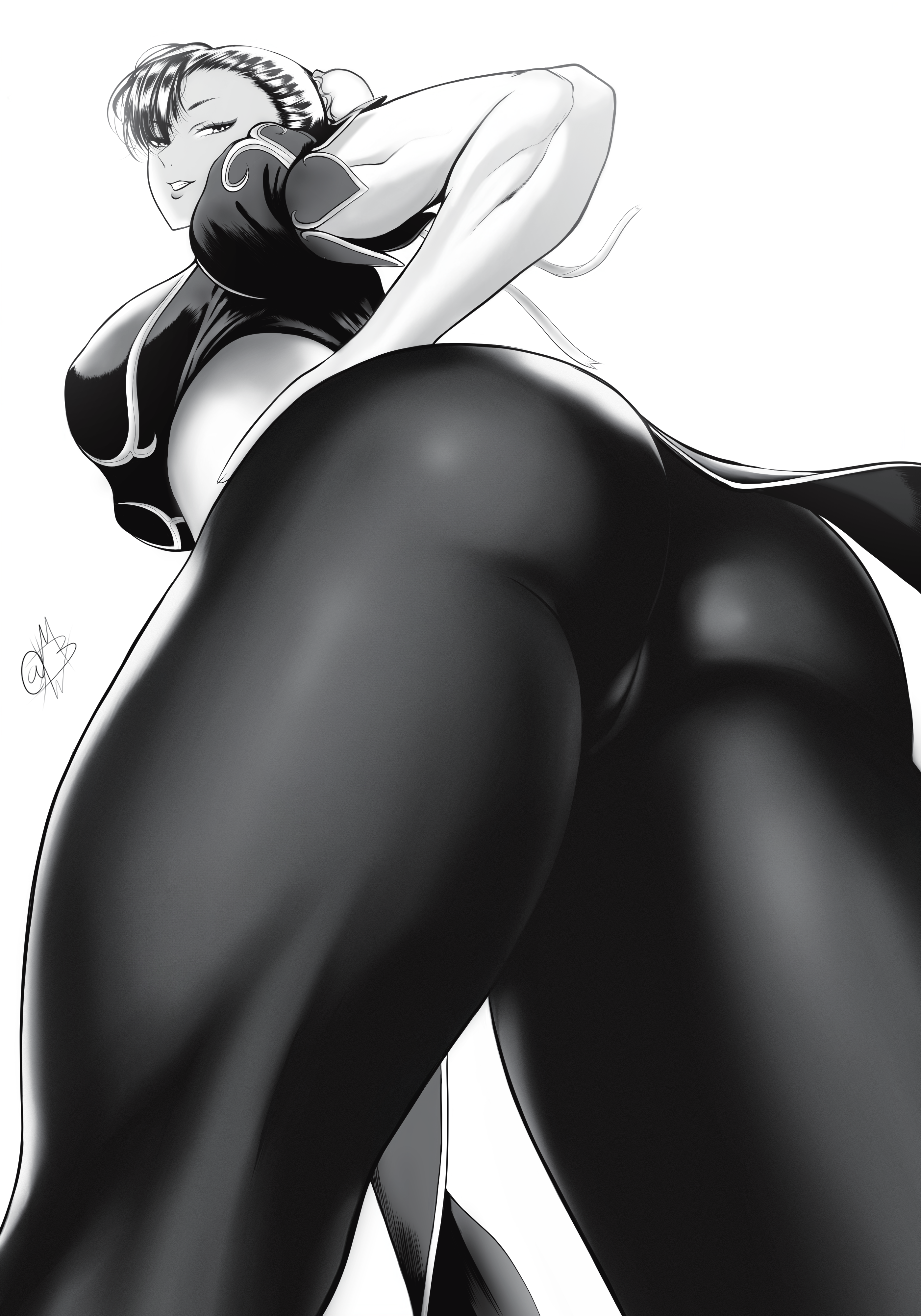 absurdres, ass, breasts, cameltoe, capcom, chinese clothes, chun-li, cleft of venus, female, from below, greyscale, hair bun, half-closed eyes, hand on own hip, highres, large breasts, lips, looking at viewer, mature female, milf, monochrome, mostlybluewyatt, muscular, muscular female, pantyhose, parted lips, pussy, simple background, smile, solo, street fighter, thick thighs, thighs, white background