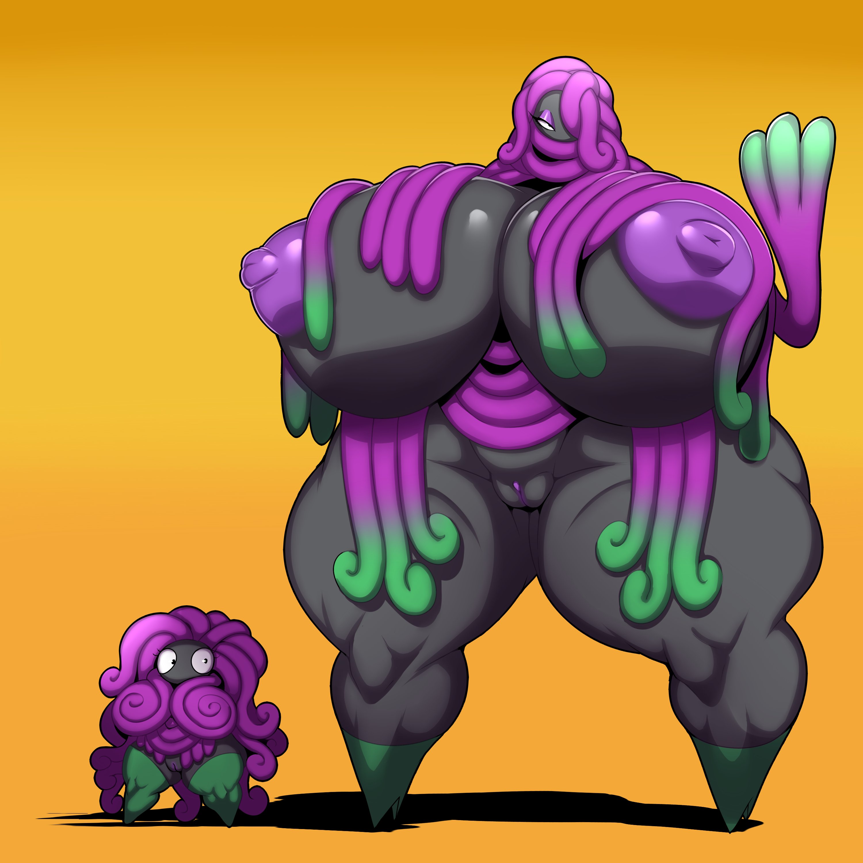 2girls, alternate color, anthro, ber00, big breasts, breasts, completely nude, dark skin, dark-skinned female, female, female only, multiple females, multiple girls, nintendo, nipples, nude, nude female, original, original characters, pokemon, pokemon (species), pokemon only, pokemon rgby, purple hair, purple nipples, pussy, shadow, shortstack, tangela, tangrowth, thick thighs, vagina, yellow background