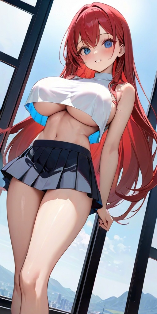 1girls ai_generated bangs bare_arms bare_legs bare_shoulders bare_thighs belly belly_button big_breasts blue_eyes breasts commentary_request cute female female_focus female_only girl girly large_ass lia_the_busty_redhead long_hair looking_at_viewer midriff miniskirt navel no_bra original original_character petite pleated_skirt red_hair self_upload shirt short_skirt skirt smile solo solo_female solo_focus tagme thighs topwear underboob white_topwear young younger_female