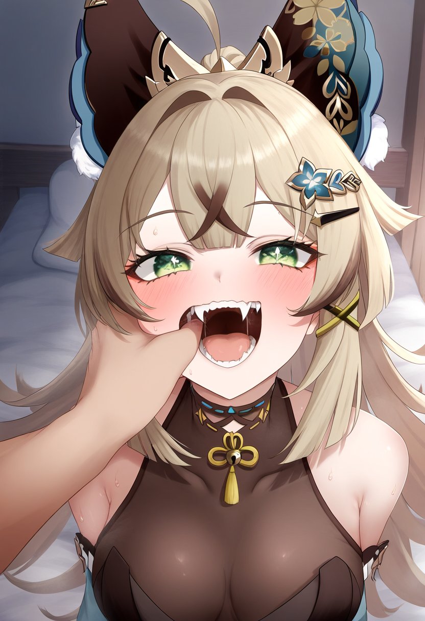 ai_generated big_breasts blonde_hair fangs fangs_out finger_in_mouth furry_ears genshin_impact green_eyes hand_in_mouth hoyoverse kirara_(genshin_impact) leaning_forward long_hair looking_at_viewer medium_breasts necklace open_clothes petite petite_body petite_female see-through_clothing setsuaiart setsumanga smile smiling_at_viewer