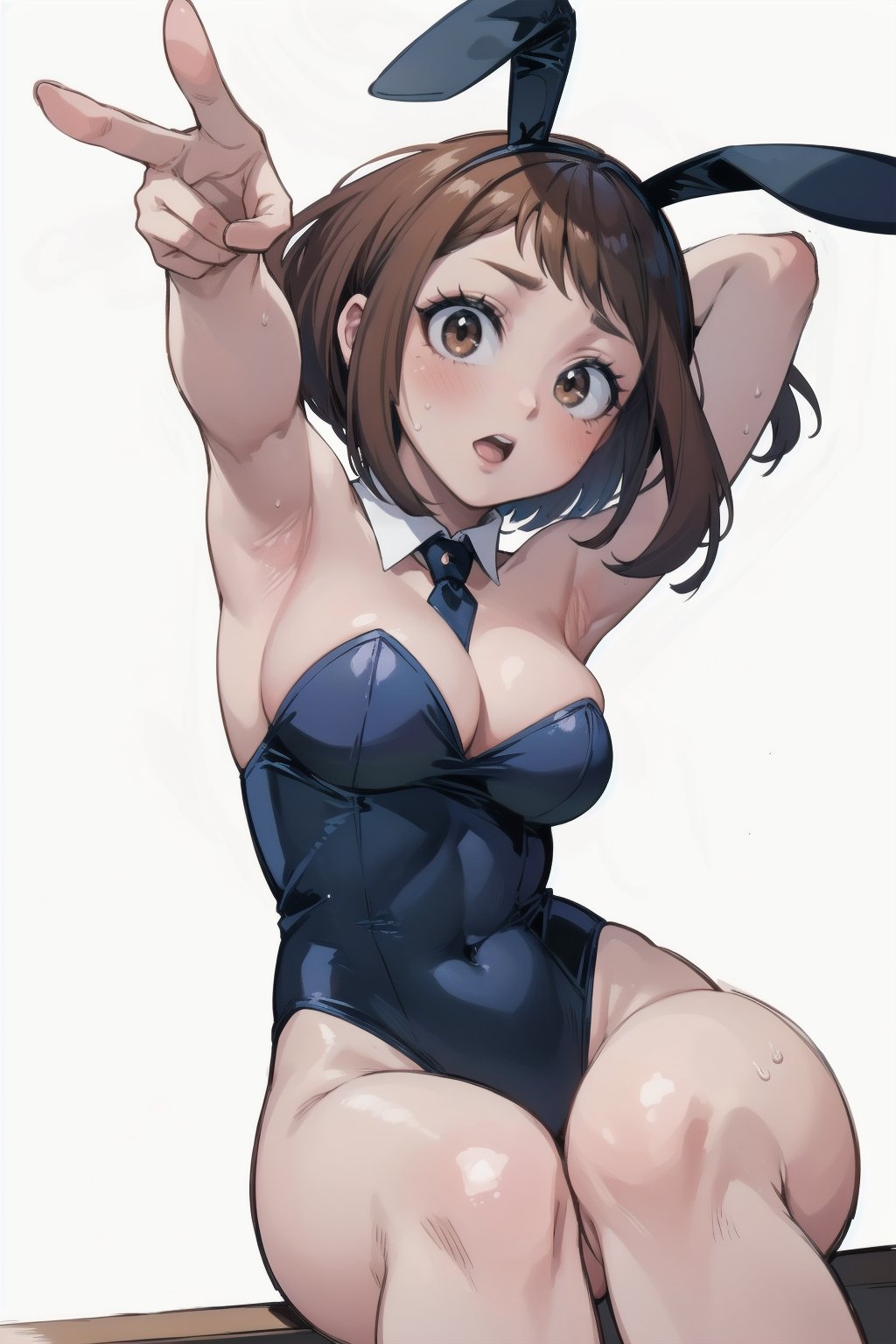 1girls, ai generated, armpits, arms behind head, bangs, bowtie, breasts, brown eyes, brown hair, bunny ears, bunnysuit, collar, fake animal ears, female, female only, highres, looking at viewer, medium breasts, my hero academia, ochako uraraka, setsuaiart, short hair, sitting, slim waist, solo, white background, wide hips