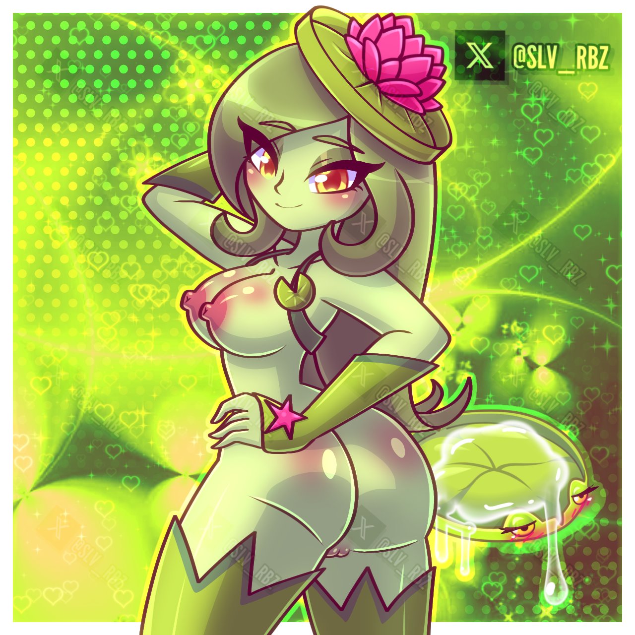 1girls, almost naked, breasts, breasts out, female, female focus, female only, green body, green eyes, green hair, green skin, leaf, lily pad, lily pad (plants vs. zombies), lily pad (pvz), looking back, plant, plant girl, plants vs zombies, slv rbz, tagme, thighs