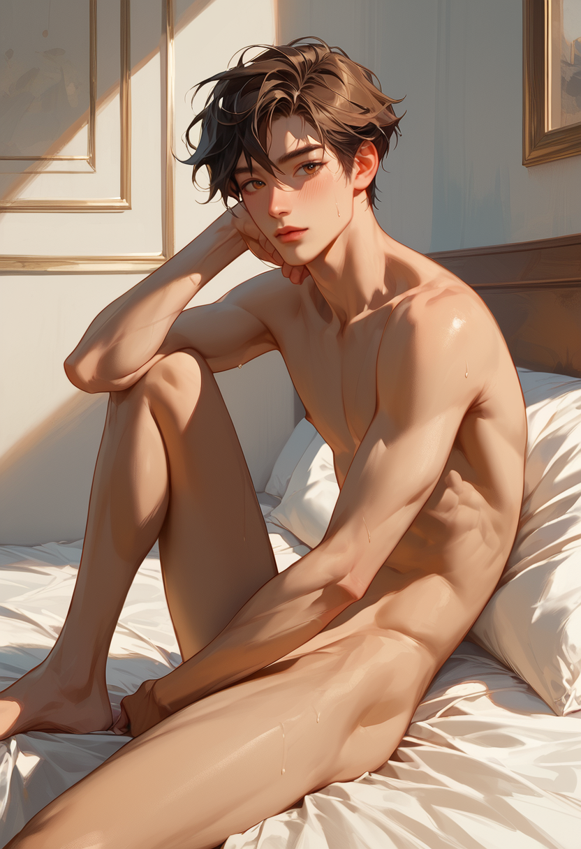 1boy ai_generated bed brown_hair cosplay eren_yeager muscular