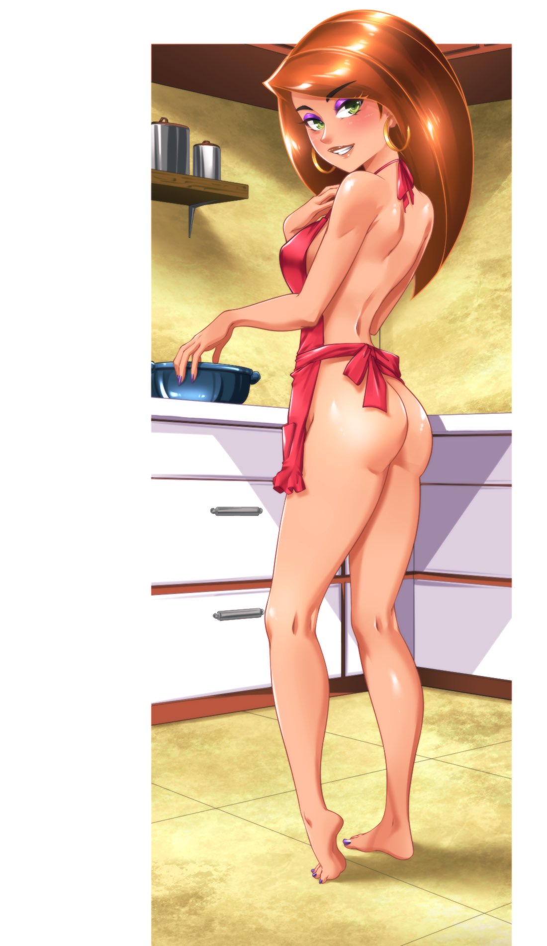 1girls apron apron_only big_breasts breasts bust busty casual chest curvaceous curvy curvy_figure digital_media_(artwork) disney female female_focus green_eyes hips hourglass_figure huge_breasts human kim_possible kimberly_ann_possible large_breasts legs light-skinned_female light_skin lips mature mature_female omiiverse orange_hair outerwear pale_skin slim_waist thick thick_legs thick_thighs thighs voluptuous waist white_background wide_hips