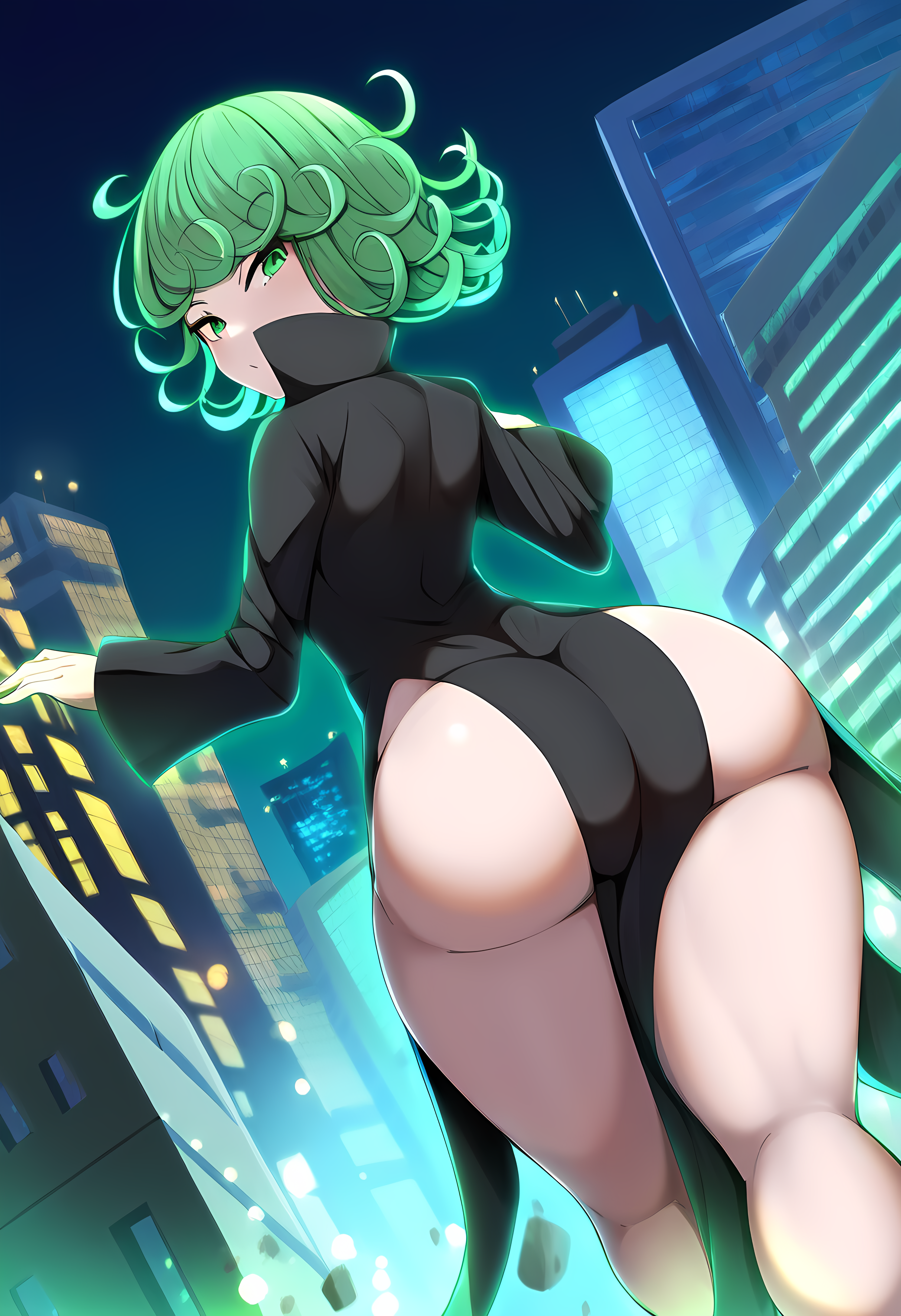 1girls, ai generated, ass, ass cleavage, back view, big ass, big butt, black dress, city, clothed, clothed female, clothing, curly hair, female, female focus, fit, fit female, green eyes, green hair, huge ass, huge butt, legs, looking at viewer, looking back, novelai, one-punch man, short hair, solo, solo female, tatsumaki, thick ass, thighs