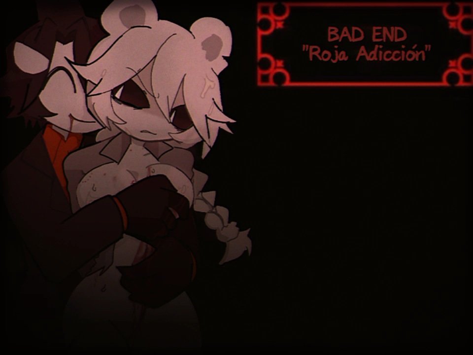 1boy 1girls accurate_art_style animal_ears bear_ears bear_girl black_background black_gloves black_hair black_sclera black_suit blood blood_from_mouth blood_on_body bottomless braid braids breasts cleavage closed_eyes colored_skin covering_nipples cum_in_hair dudd_ie funamusea grey_shirt hickey ice_scream idate large_breasts long_hair multicolored_hair open_shirt orca_boy rocma short_hair simple_background smile spanish_text straight translated twin_braids white_eyes white_hair white_skin