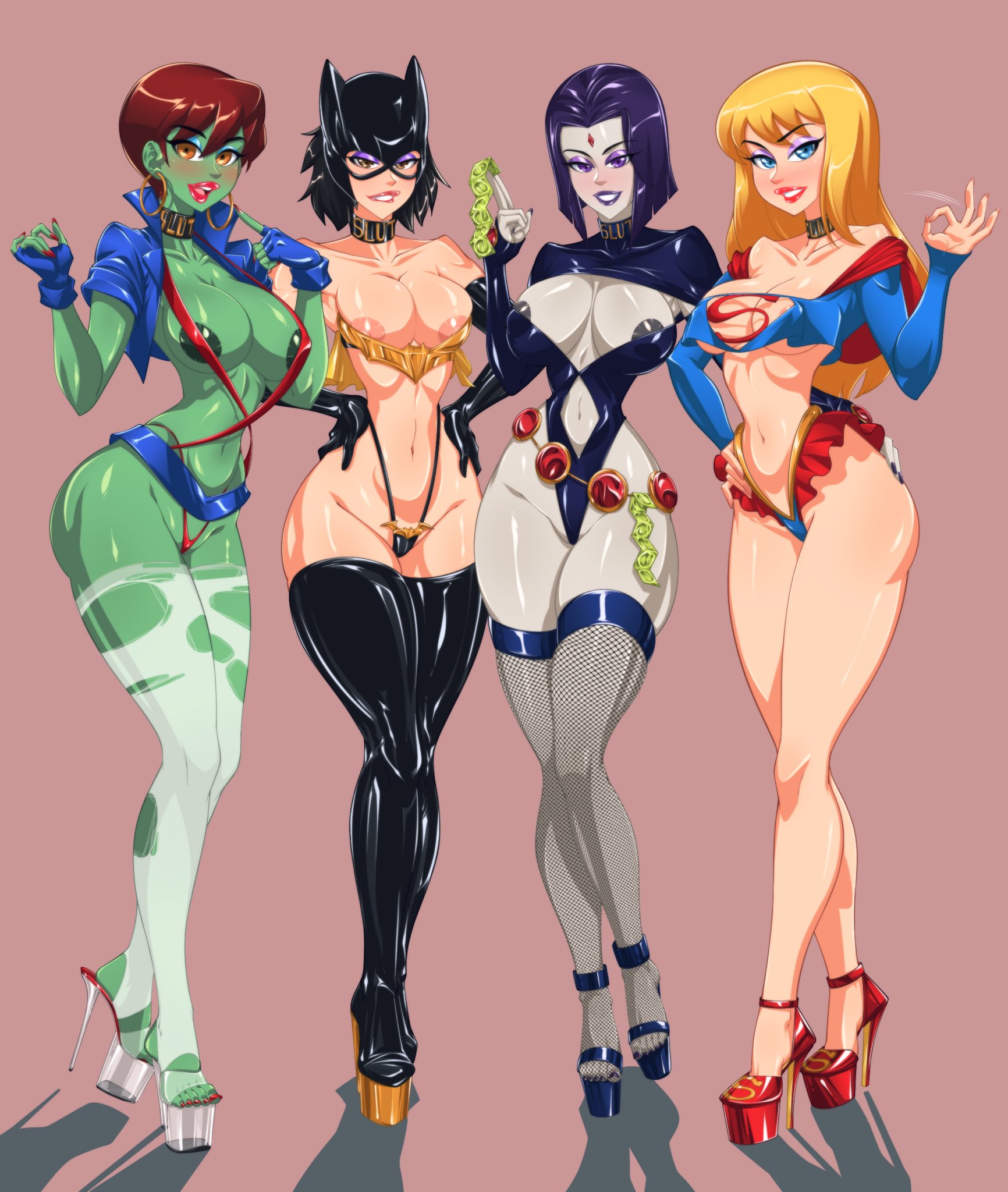 4girls, bare arms, bare legs, bare shoulders, bare thighs, batman (series), big breasts, bimbo, bimbo body, biting lip, black hair, blonde hair, blue eyes, blush, breasts, cassandra cain, clothed, clothing, collar, color, condom, dc, dc comics, earrings, female, female only, fishnets, hi res, high heels, hoop earrings, large breasts, light skin, light-skinned female, lipstick, long hair, looking at viewer, looking pleasured, miss martian, multiple females, multiple girls, nipples, omiiverse, platform heels, pleasure face, purple eyes, purple hair, raven (dc), red eyes, red hair, revealing clothes, shiny clothes, short hair, skimpy, skimpy clothes, stockings, supergirl, superheroine, superman (series), teen titans, thick thighs, transparent high heels, young justice