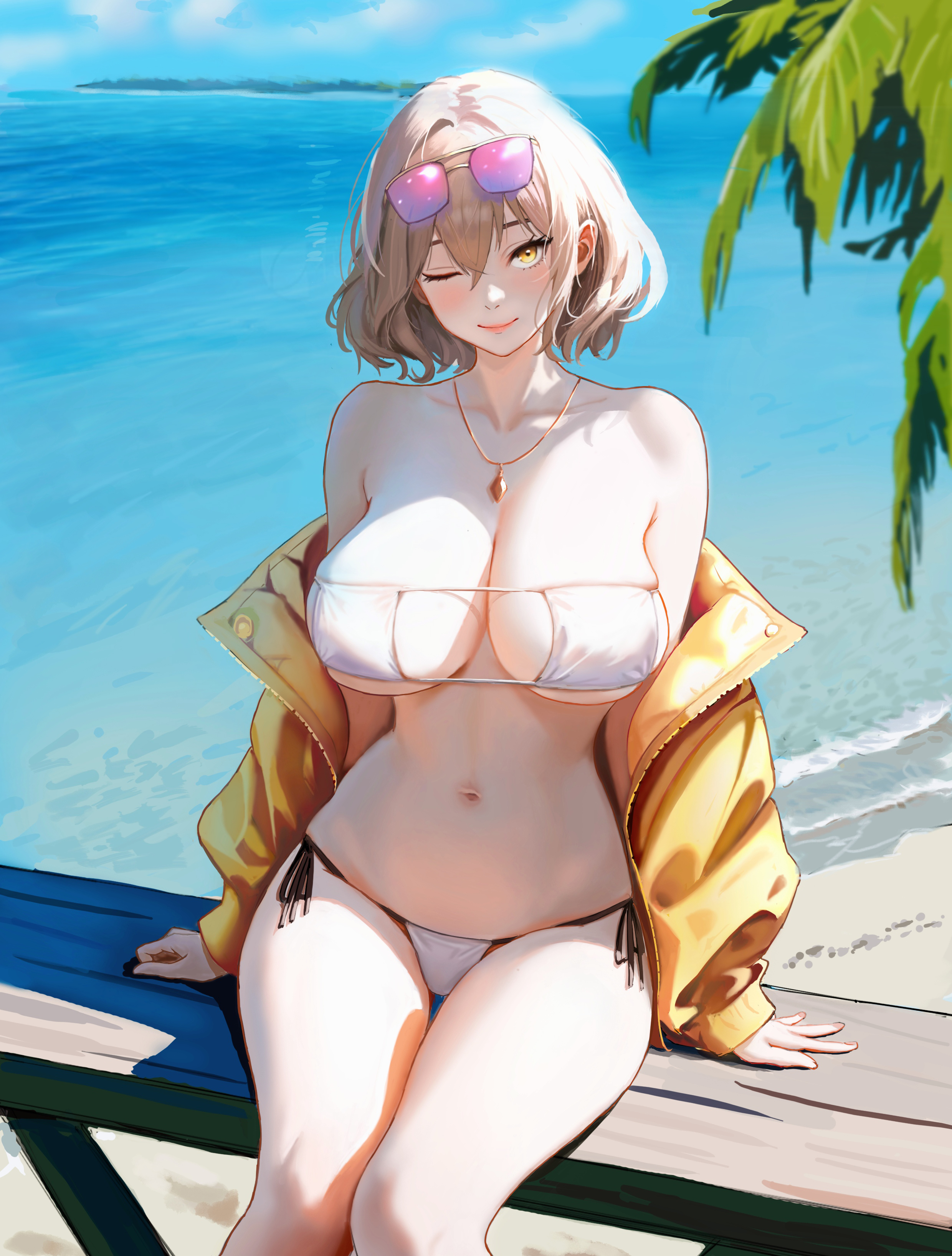 absurdres, anis (nikke), anis (sparkling summer) (nikke), artist request, bikini, breasts, cleavage, eyewear on head, female, fence, fish toucher, goddess of victory: nikke, highres, island, jacket, jewelry, large breasts, leaf, necklace, ocean, off shoulder, off-shoulder jacket, one eye closed, side-tie bikini bottom, sitting, smile, solo, sunglasses, swimsuit, white bikini, wooden fence, yellow eyes, yellow jacket
