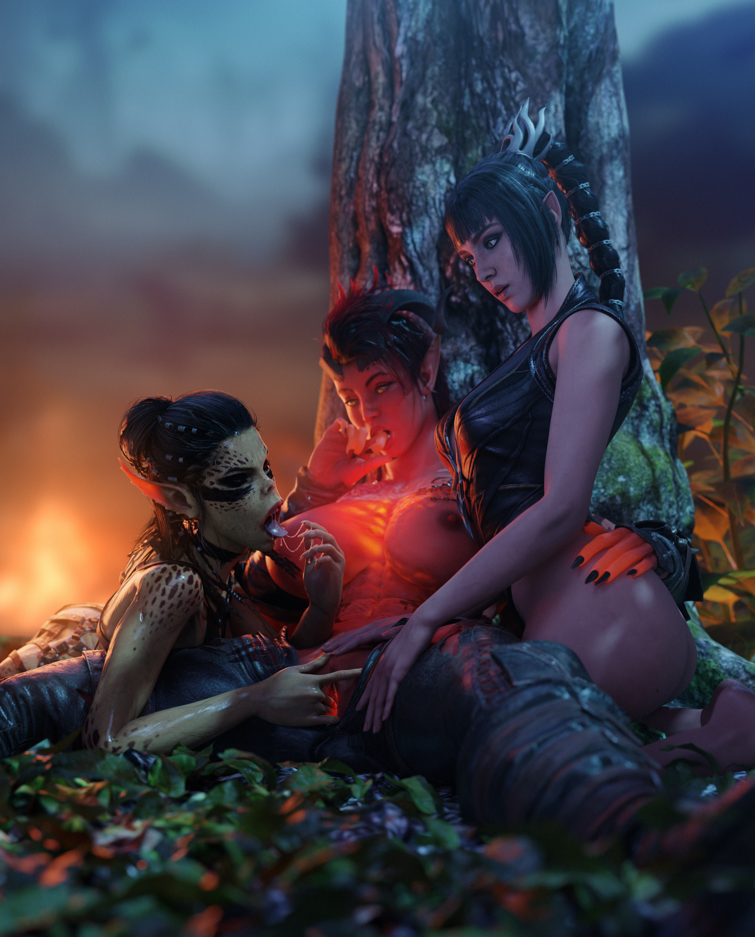 3d, 3girls, abs, baldur's gate, baldur's gate 3, batesz, big breasts, biting finger, black hair, breasts, dungeons and dragons, female, female only, fingering, gith, githyanki, green skin, half elf, horns, karlach, lae'zel, licking, licking fingers, pants down, pointy ears, ponytail, pussy, pussy juice, red skin, shadowheart, spread legs, tasting pussy juice, tiefling, tongue, tongue out, topless, yuri
