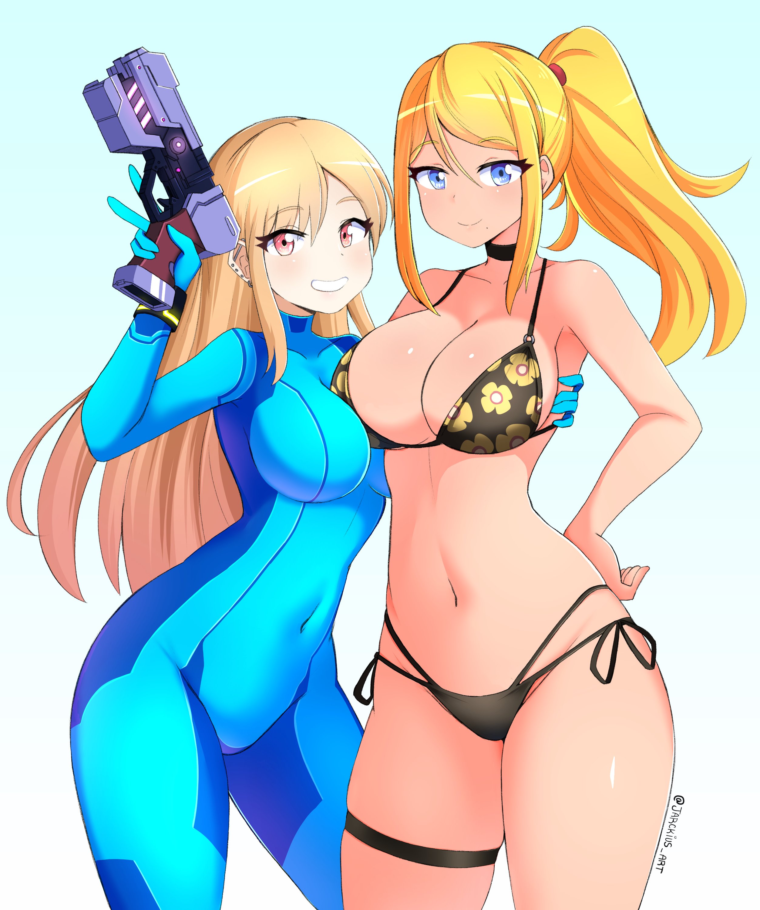 2022, 2girls, artist signature, big breasts, bikini, black bikini, blonde hair, blue bodysuit, blue eyes, blush, bodysuit, breasts, clothing swap, cosplay, costume switch, crossover, embarrassed, female, female only, flower pattern, gun, gyaru, height difference, hi res, hips, holding, holding gun, holding object, holding weapon, jarckius, kitagawa marin, kitagawa marin (cosplay), large breasts, long hair, looking at viewer, metroid, multicolored hair, multiple females, multiple girls, nintendo, outfit swap, pink hair, ponytail, red eyes, samus aran, samus aran (cosplay), simple background, slim waist, smile, sono bisque doll wa koi wo suru, thick thighs, thighs, tight clothing, tight fit, weapon, white background, wide hips, zero suit, zero suit samus (cosplay)