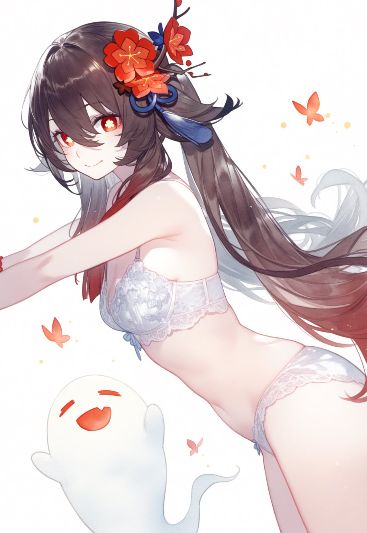 ai_generated belly_button bra brown_eyes brown_hair genshin_impact hair_ornament hoyoverse hu_tao_(genshin_impact) lingerie lingerie_only long_hair looking_at_viewer medium_breasts panties red_hair setsuaiart sideview slim_waist smile smiling smiling_at_viewer teenager tied_hair two_tone_hair