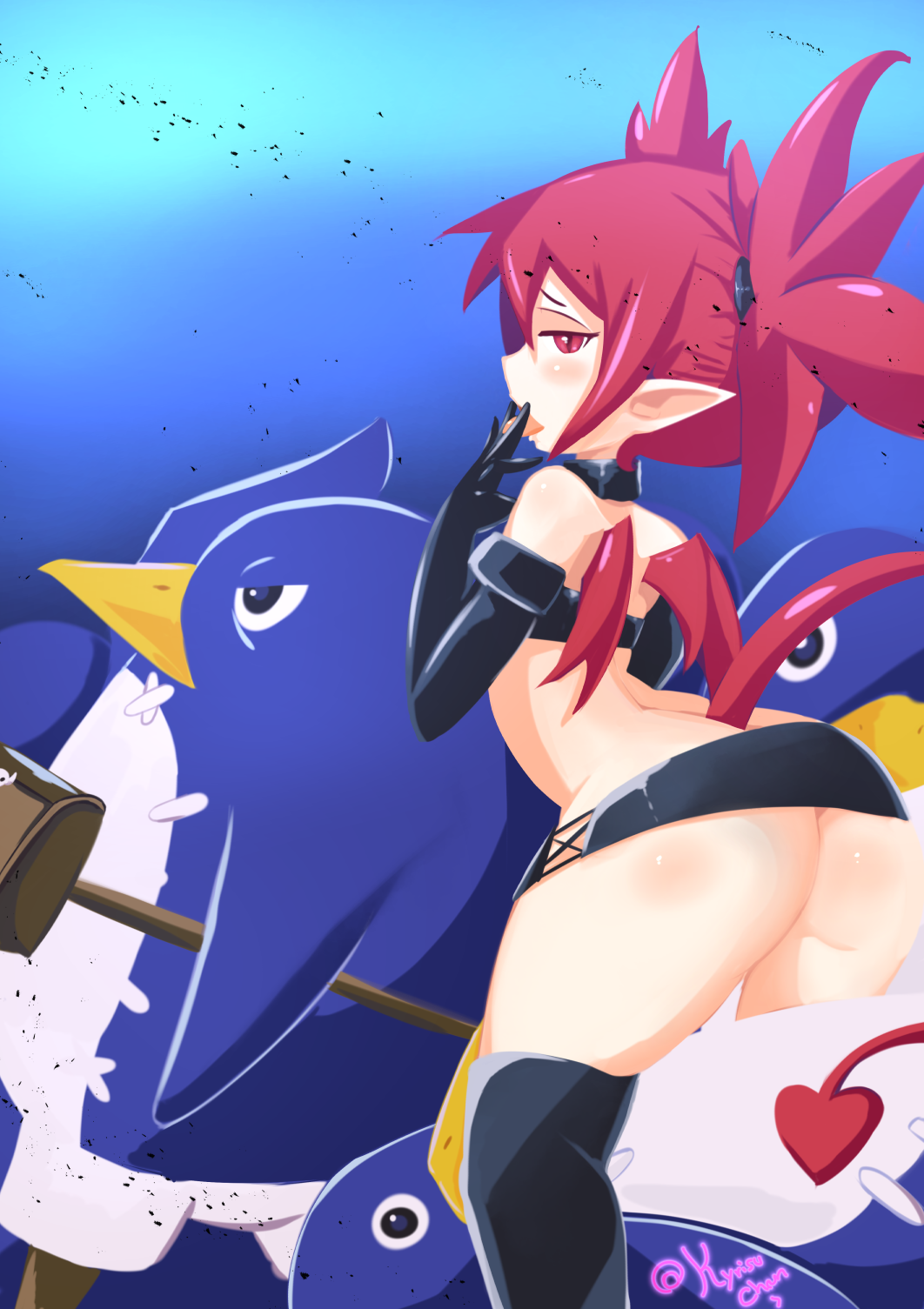 ass behind_view disgaea disgaea_1 etna kyrisuchan looking_at_viewer looking_back nippon_ichi_software no_panties prinny succubus succubus_tail succubus_wings thick_ass