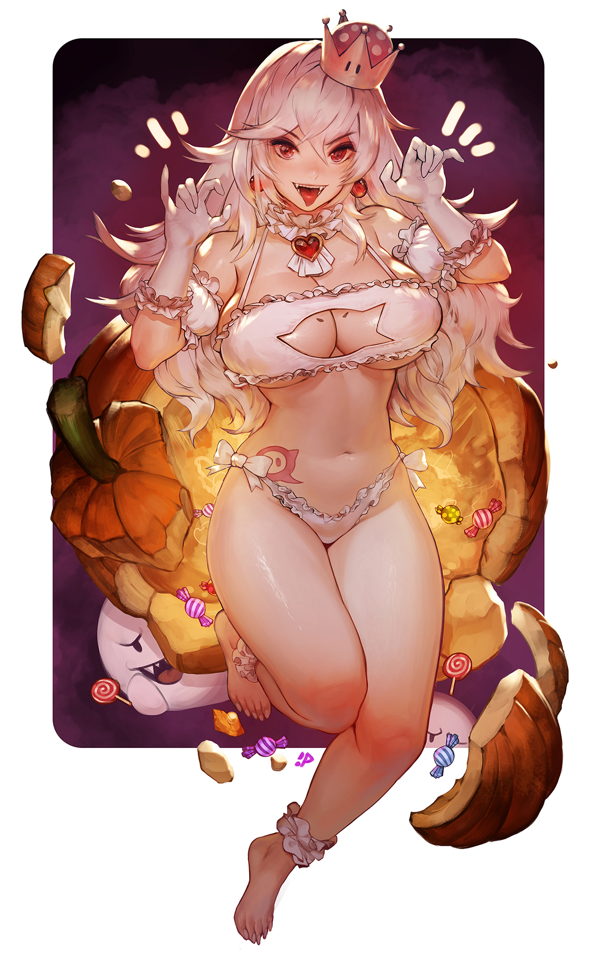 1girls, artist request, boo (mario), boosette, breasts, cat lingerie, cleavage, cleavage cutout, crown, feet, female, female only, ghost girl, gloves, halloween, large breasts, lingerie, mario (series), nintendo, panties, pumpkin, red eyes, solo, tagme, white hair
