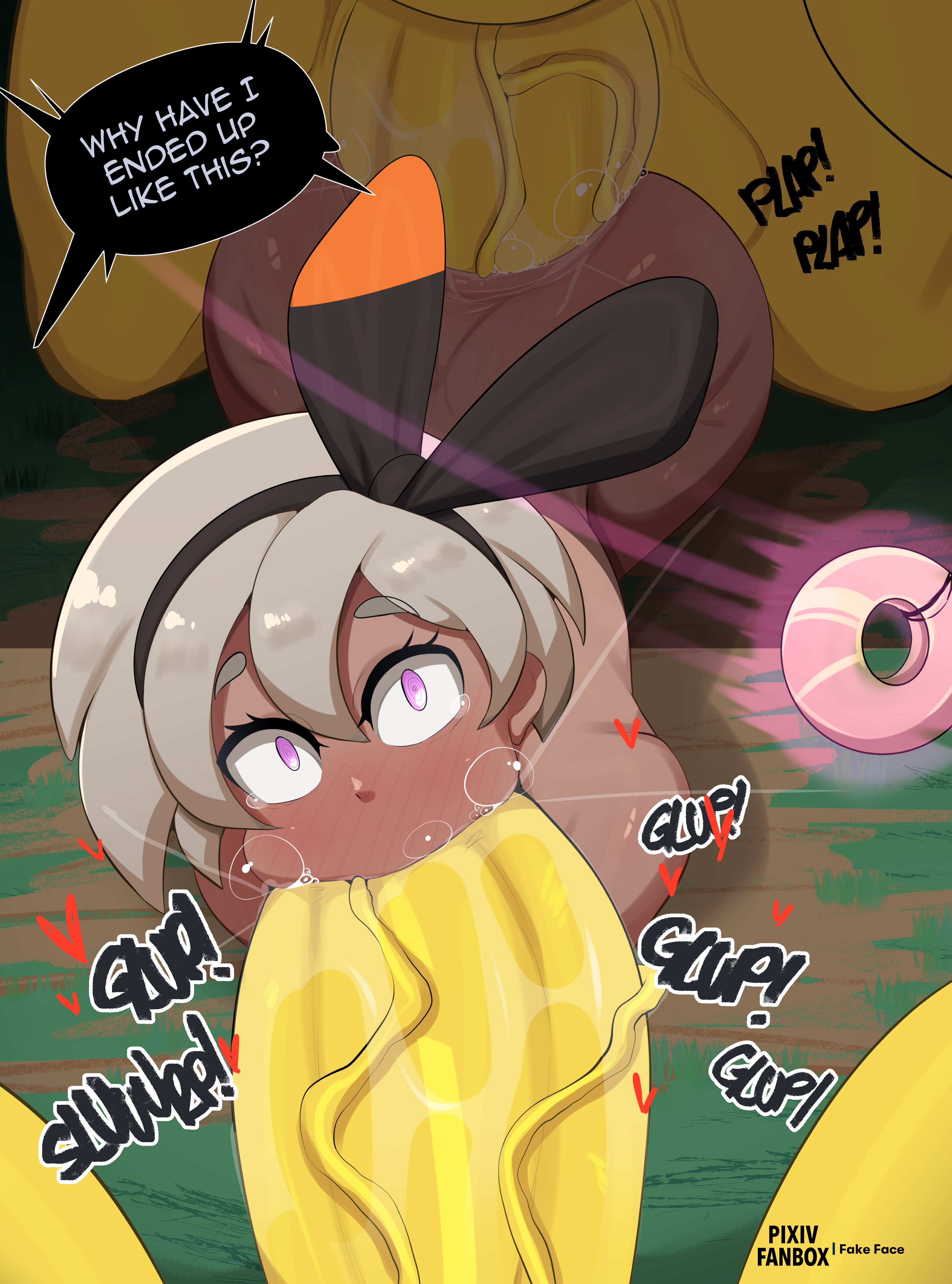 1girls, 2boys, anal, anal sex, anthro, bea (pokemon), blowjob, breasts, dialogue, double penetration, english text, fake face, female, gangbang, grey hair, huge cock, hyper penis, hypno, hypnosis, interspecies, large breasts, male, mind control, multiple males, multiple penises, nintendo, oral, penis, pokemon, pokemon (species), pokemon ss, pokephilia, short hair, spitroast, thick thighs, uncensored, wide hips, yellow body