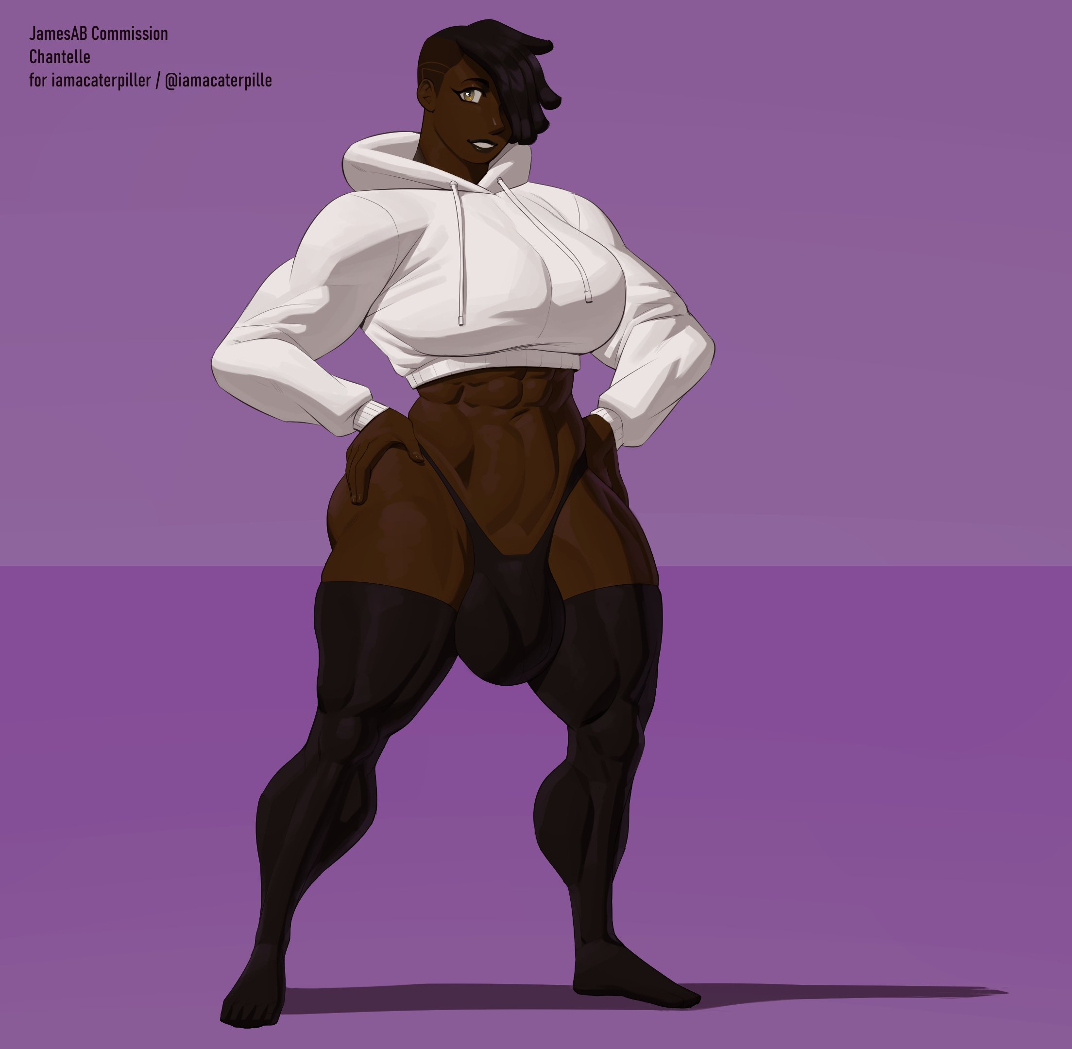 1futa, abs, balls, big balls, big penis, breasts, bulge, busty, chantelle (iamacaterpiller), clothed, clothing, dark skin, dark-skinned femboy, dark-skinned futa, fit, flaccid, futa only, futanari, hair over one eye, hands on hips, hi res, hoodie, huge balls, human, intersex, jamesab, large penis, male, midriff, muscular, muscular futa, muscular thighs, panties, partially clothed, penis, short hair, smile, smiling, solo, solo futa, standing, testicles, thick thighs, thighhighs, thighs, thin waist, very dark skin, wide hips, yellow eyes