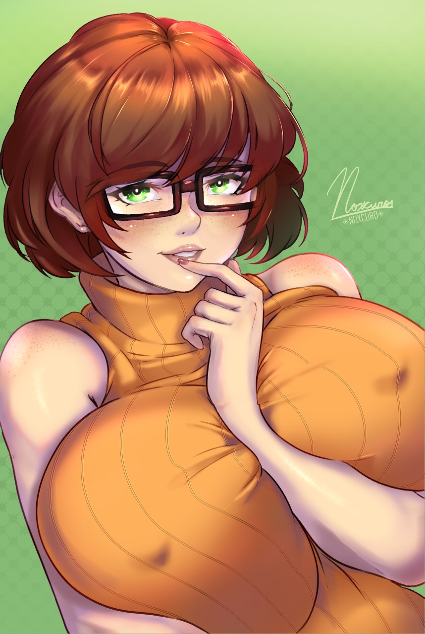 1girls, big breasts, breasts, brown hair, female, female only, glasses, green eyes, looking at viewer, nipples, orange shirt, scooby-doo, signature, solo, text, velma dinkley