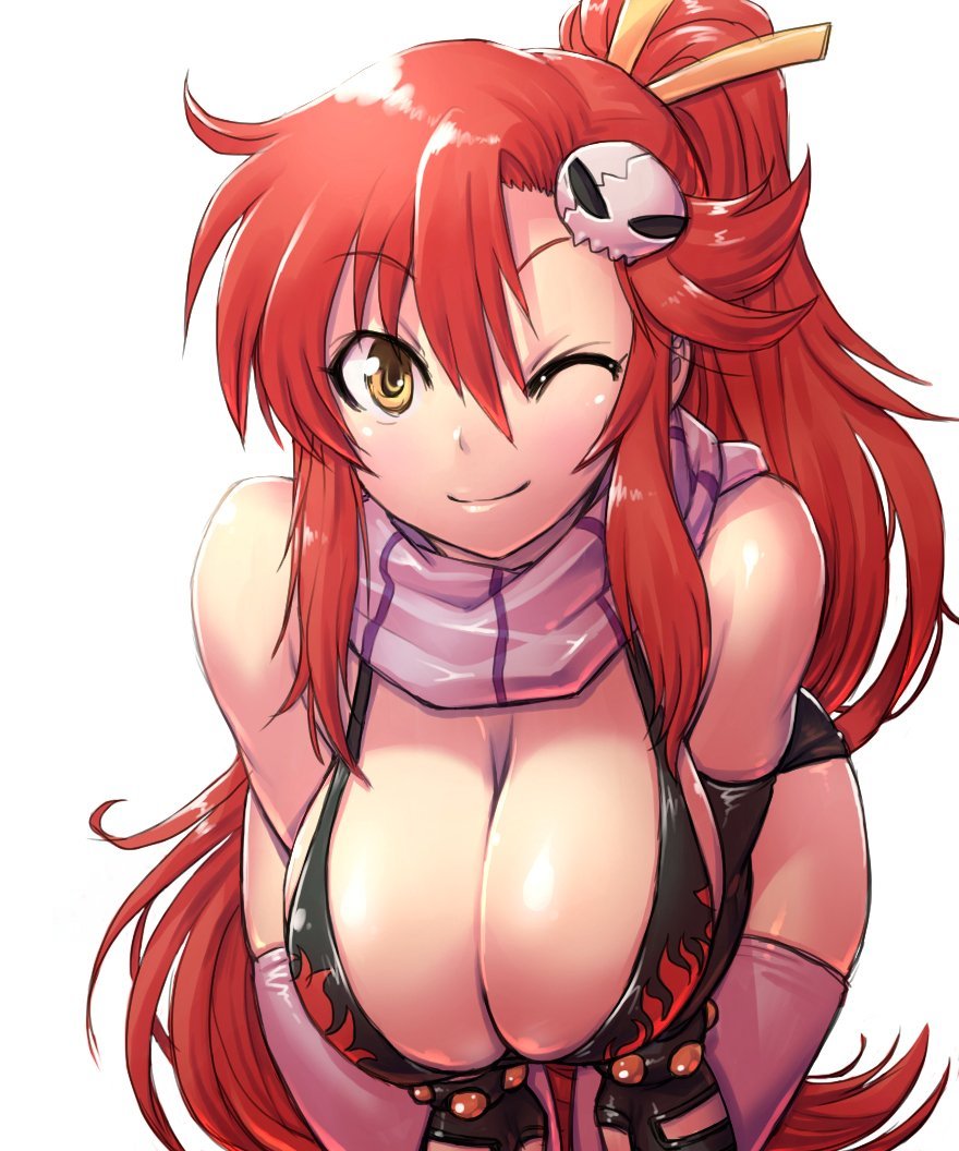 amania_orz huge_breasts legwear ponytail red_hair scarf smile tengen_toppa_gurren_lagann white_background yellow_eyes yoko_littner