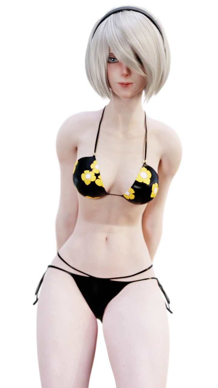 3d bathing_suit blue_eyes cosplay crossover_cosplay female kitagawa_marin_(cosplay) leaning_forward nier:_automata nier_(series) renderingbutts sono_bisque_doll_wa_koi_wo_suru white_hair yorha_2b