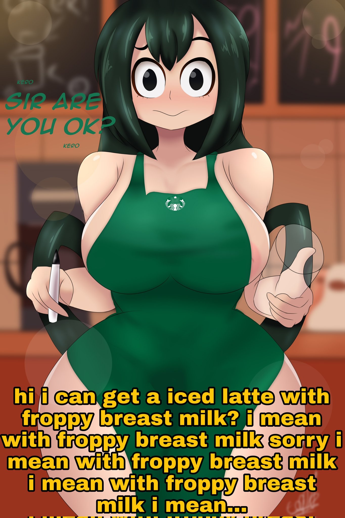 apron, areola slip, ass, big ass, big breasts, big butt, black eyes, blush, breasts, closed mouth, female, frog girl, green hair, hourglass figure, iced latte with breast milk, large breasts, long hair, m300art, meme, my hero academia, nipple slip, pencil, starbucks, superheroine, text, thick ass, thick thighs, tsuyu asui, voluptuous, wide hips