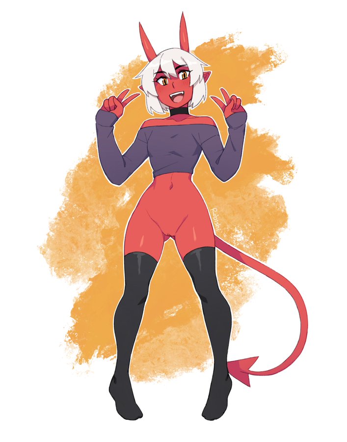 belly button, demon, demon girl, demon horns, double v, female, li (rob ishi), no panties, original, original character, peace sign, pointy ears, pussy, red skin, rob ishi, shirt, smiling, tail, thighhighs, v, white hair