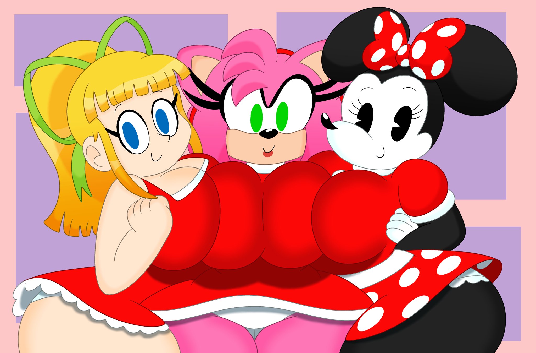 3barts, 3girls, alternate body type, alternate breast size, amy rose, ass, big ass, big breasts, breasts, capcom, disney, female, furry, hugging, mega man, mega man (classic), mickey mouse shorts, minnie mouse, pac-man eyes, roll, sega, sonic (series), sonic the hedgehog (series), thick thighs