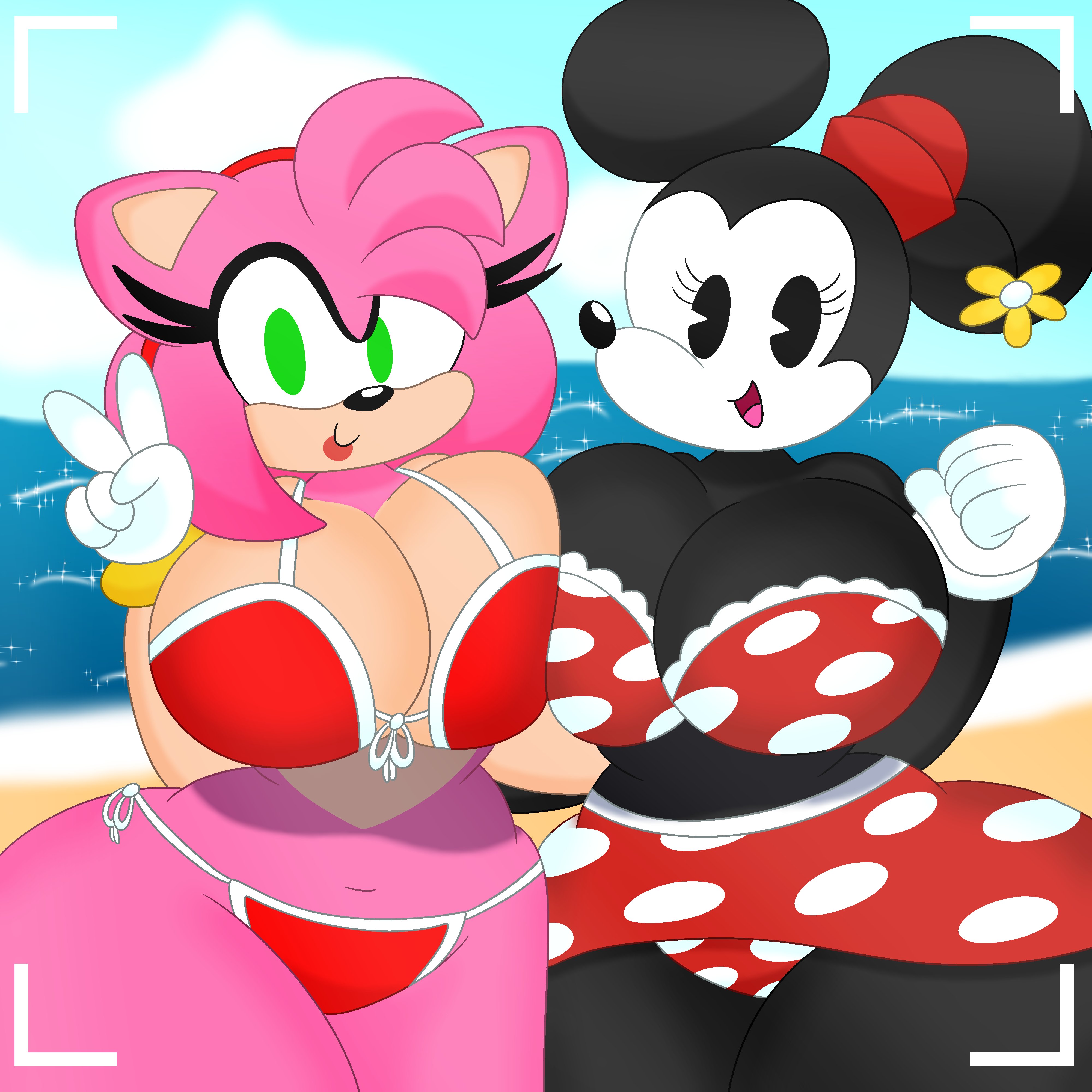 2girls, 3barts, alternate body type, alternate breast size, amy rose, ass, beach, big ass, big breasts, breasts, disney, female, furry, mickey mouse shorts, minnie mouse, sonic (series), sonic the hedgehog (series), swimsuit, thick thighs