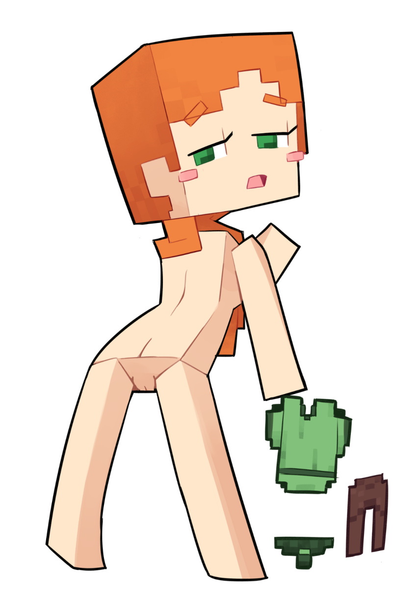 1girls alex_(minecraft) ass_cleavage butt_crack cube_head cubic_body edit edited flat_ass green_eyes light-skinned_female long_hair minecraft miscon nude orange_hair pussy square_head