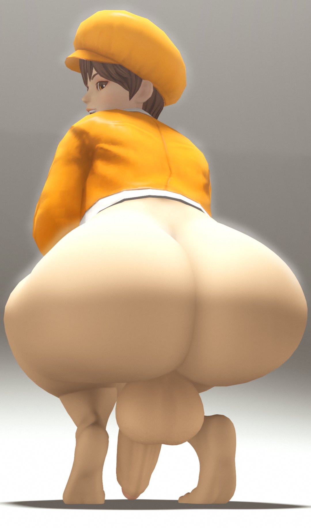 1boy, 1femboy, 3d, ass, backsack, balls, ballsack, bao (kof), barefoot, big ass, big balls, big penis, bottom heavy, bottom heavy femboy, bottomless, brown eyes, brown hair, fat ass, fat butt, feet, femboy, gay, girly, hat, hi res, huge ass, huge butt, human, king of fighters, light skin, light-skinned male, looking at viewer, looking back, male, male only, penis, royalcicada, sfm, short hair, snk, soles, solo, source filmmaker, squatting, thick ass, thick thighs, wide hips