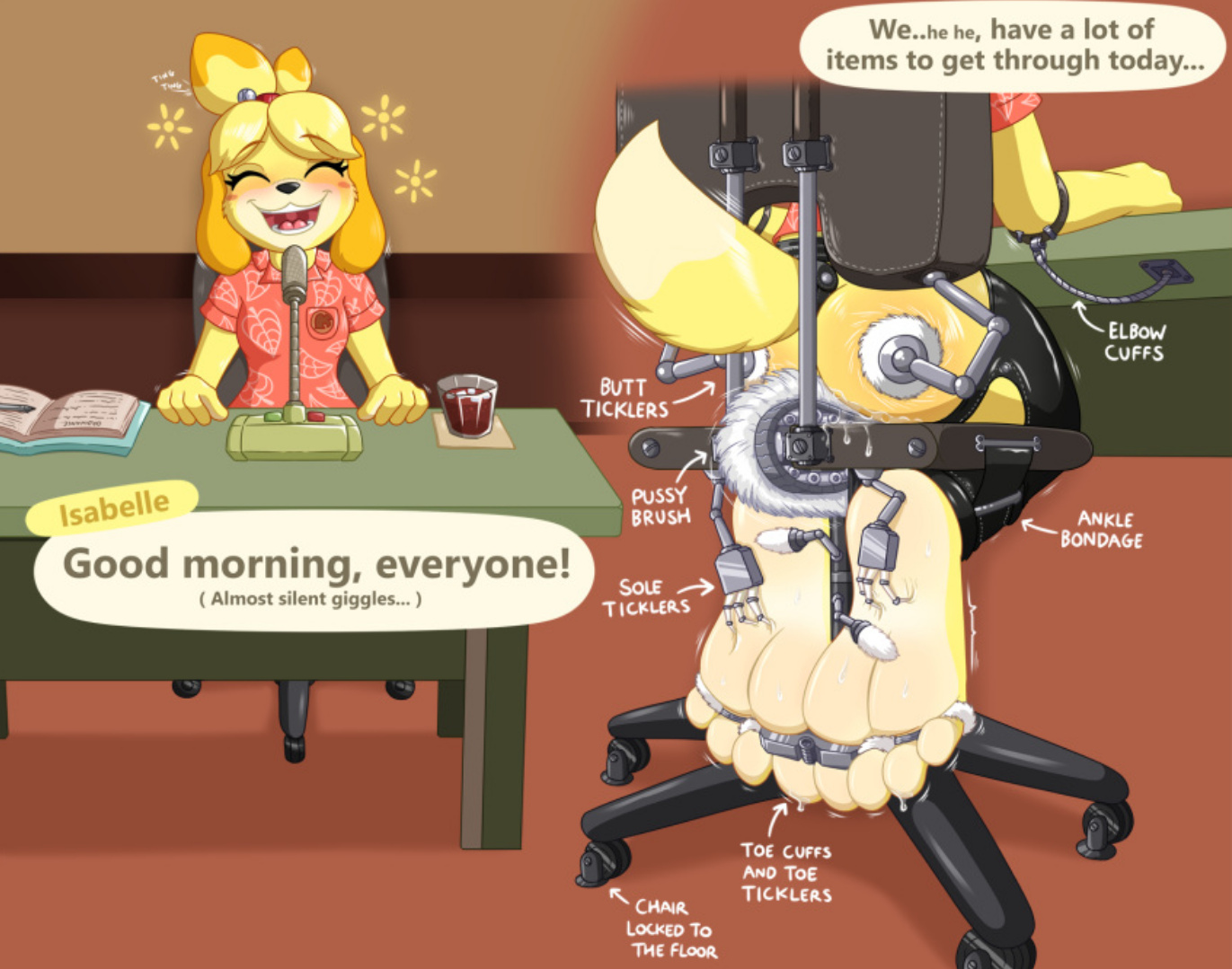 animal crossing, anthro, aroused, ass, bondage, caroo, cute, feet, female, furry, isabelle (animal crossing), machine, nintendo, pussy, tickling, vagina