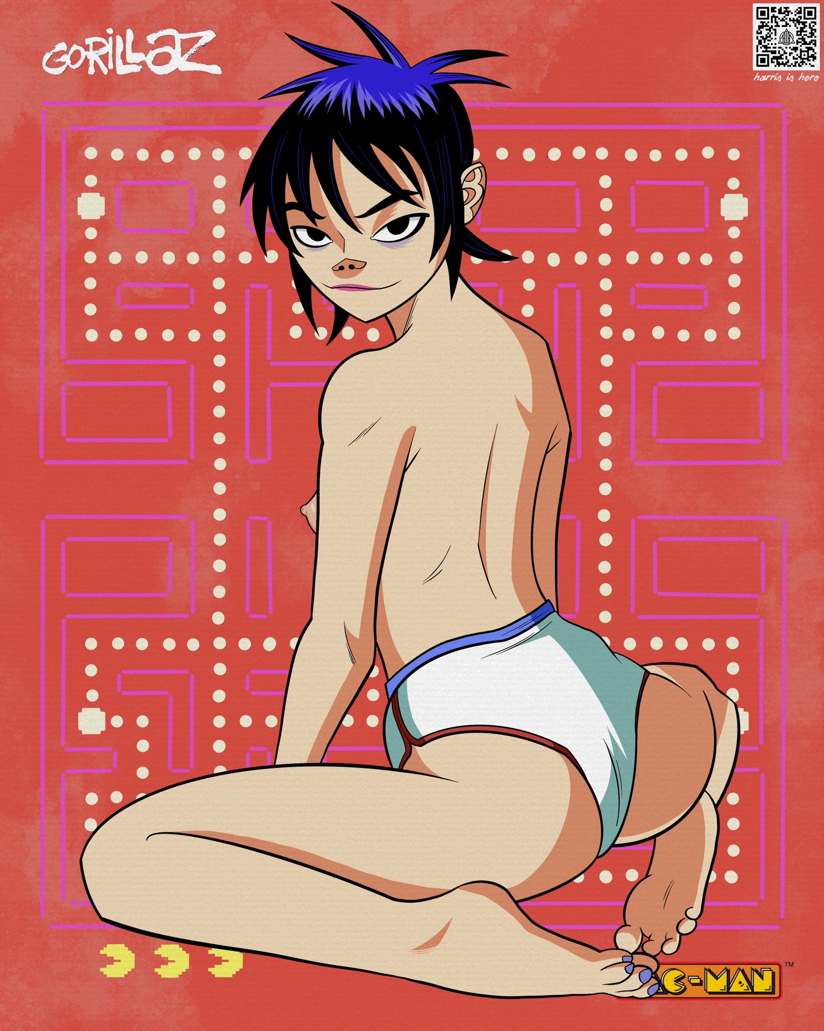 1girls, asian, ass, athletic, athletic shorts, blue nails, blue toenails, breasts, casual, clothing, dolphin shorts, female, female only, gorillaz, harrisartz, hi res, human, kneeling, nipples, noodle (gorillaz), noodle (pac-man), pac-man, pale skin, sideboob, solo, sportswear, topless
