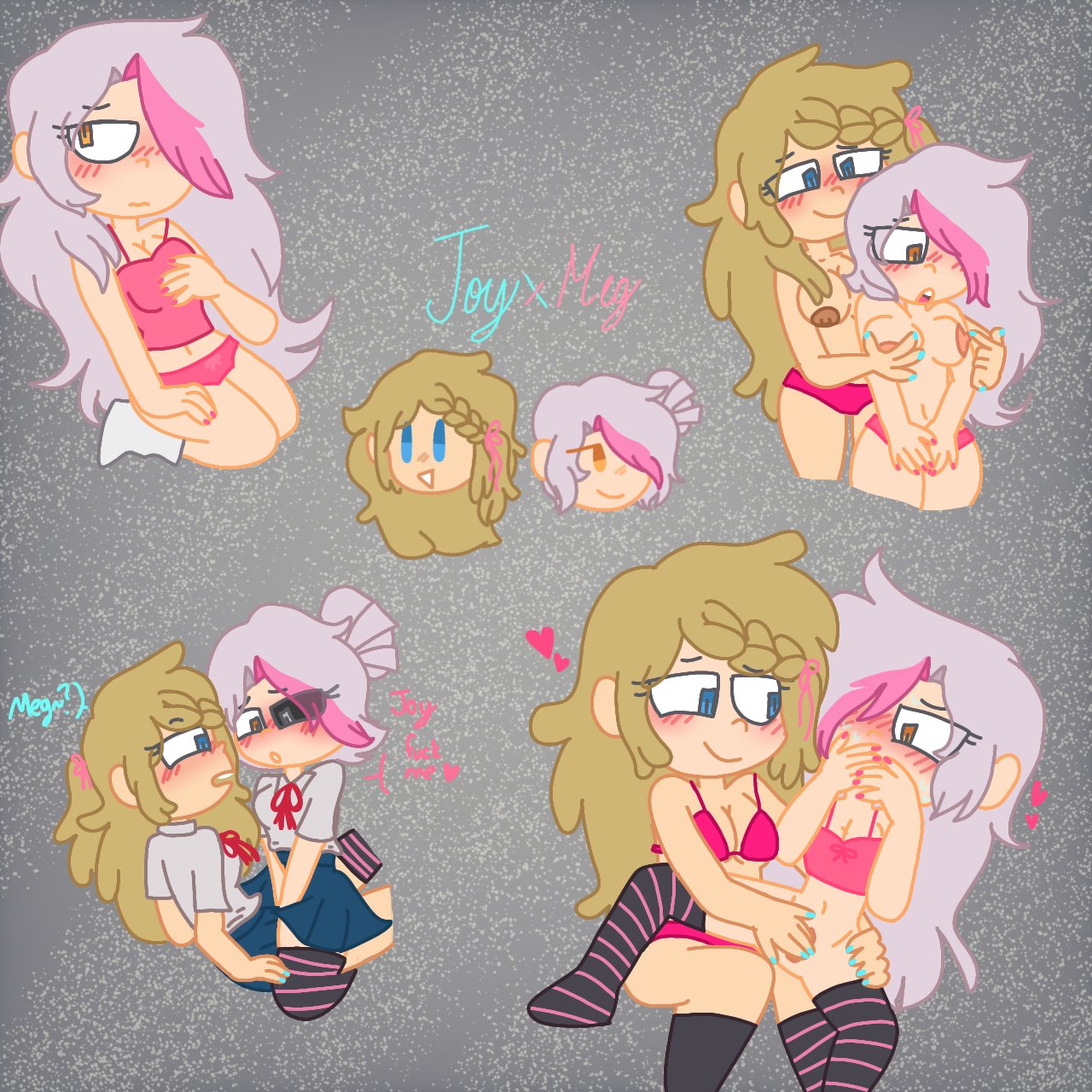 2girls blonde_hair blue_eyes english_text fnafhs fnafhs_z3ro heart joy_(fnafhs) meg_(fnafhs) multiple_girls nipple_play painted_nails pink_panties school_uniform small_breasts striped_legwear white_hair yellow_eyes